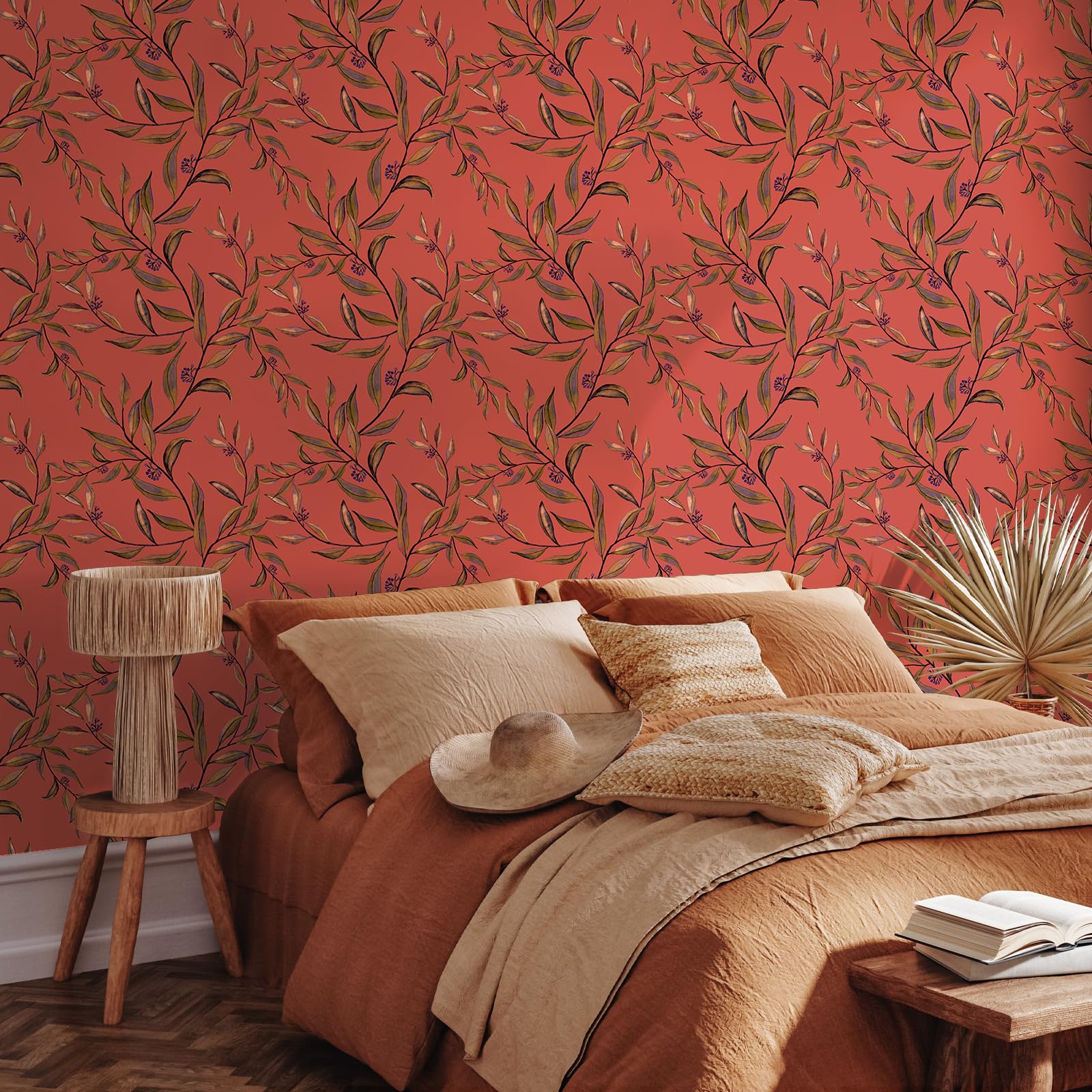 VEELIKE Vintage Vermilion Orange Leaf Wallpaper Peel and Stick Boho Leaf Contact Paper for Furniture 44.5cm x 300cm Prepasted Removable Tropical Botanical Wallpaper Mural for Bedroom Bathroom Kitchen - Image 2