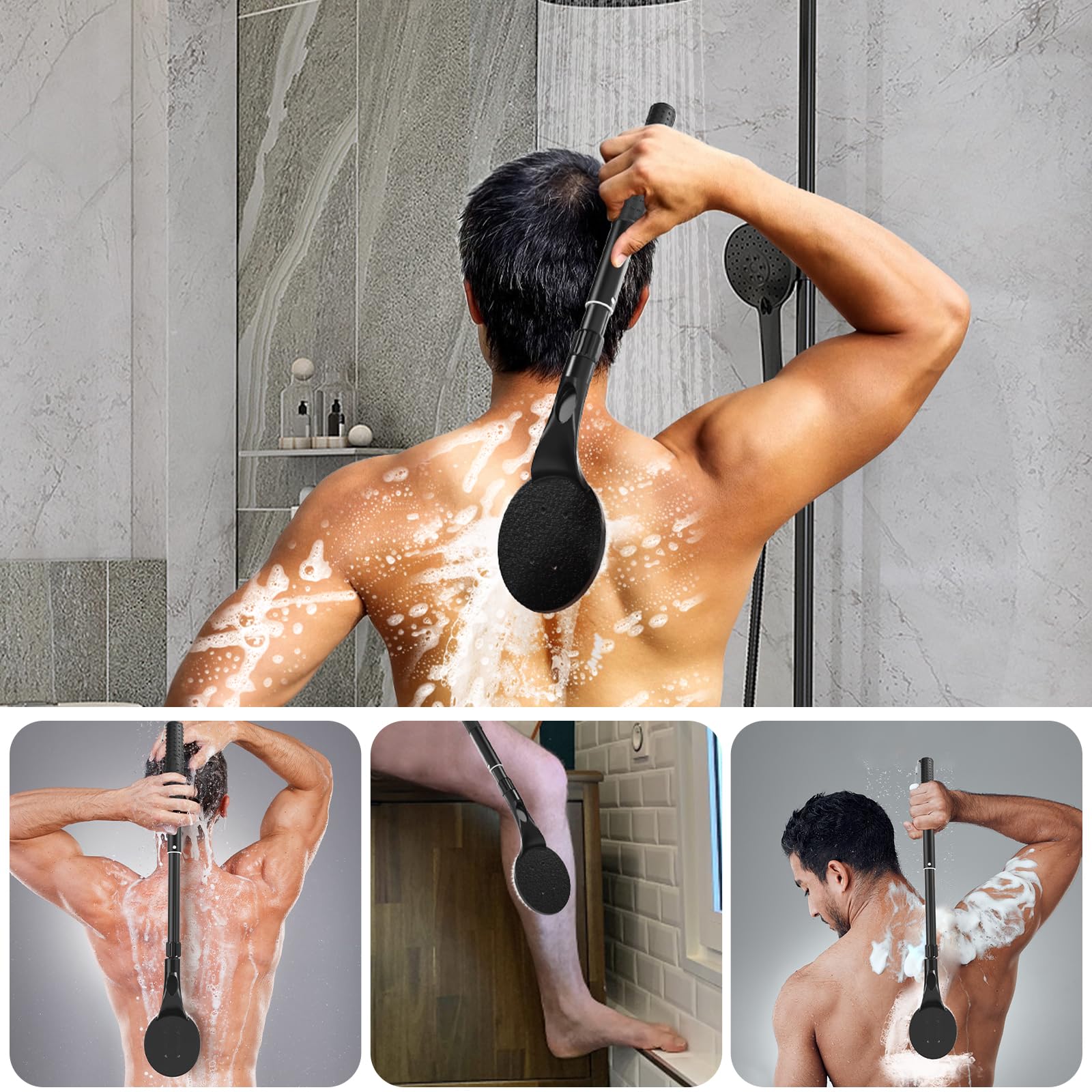 Gobiteli Brosse de douche pour le dos pour douche, 63,5 cm de long manche pour exfoliant le corps et nettoyage en profondeur, brosse à dos pour homme, femme et personnes âgées