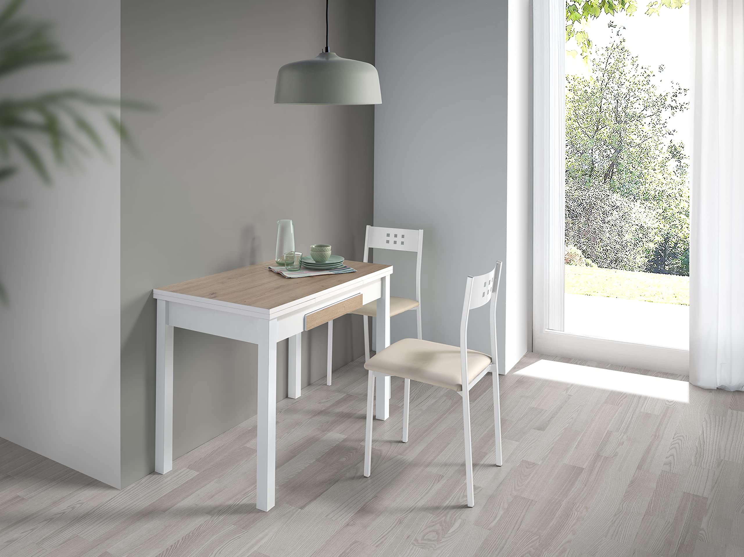 MOMMA HOME Mesa de Comedor Extensible Moderna – Mesa de Cocina Plegable y Extensible, Diseño Noli en Color Roble Rústico y Blanco, Medidas 100/160x60x76 cm