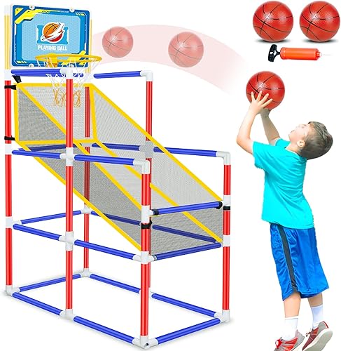 Miniatura 1 de Auggie - Juego de aro de baloncesto para niños con 2 bolas, bomba de aire, altura ajustable, para interiores y exteriores, juguete de portería de