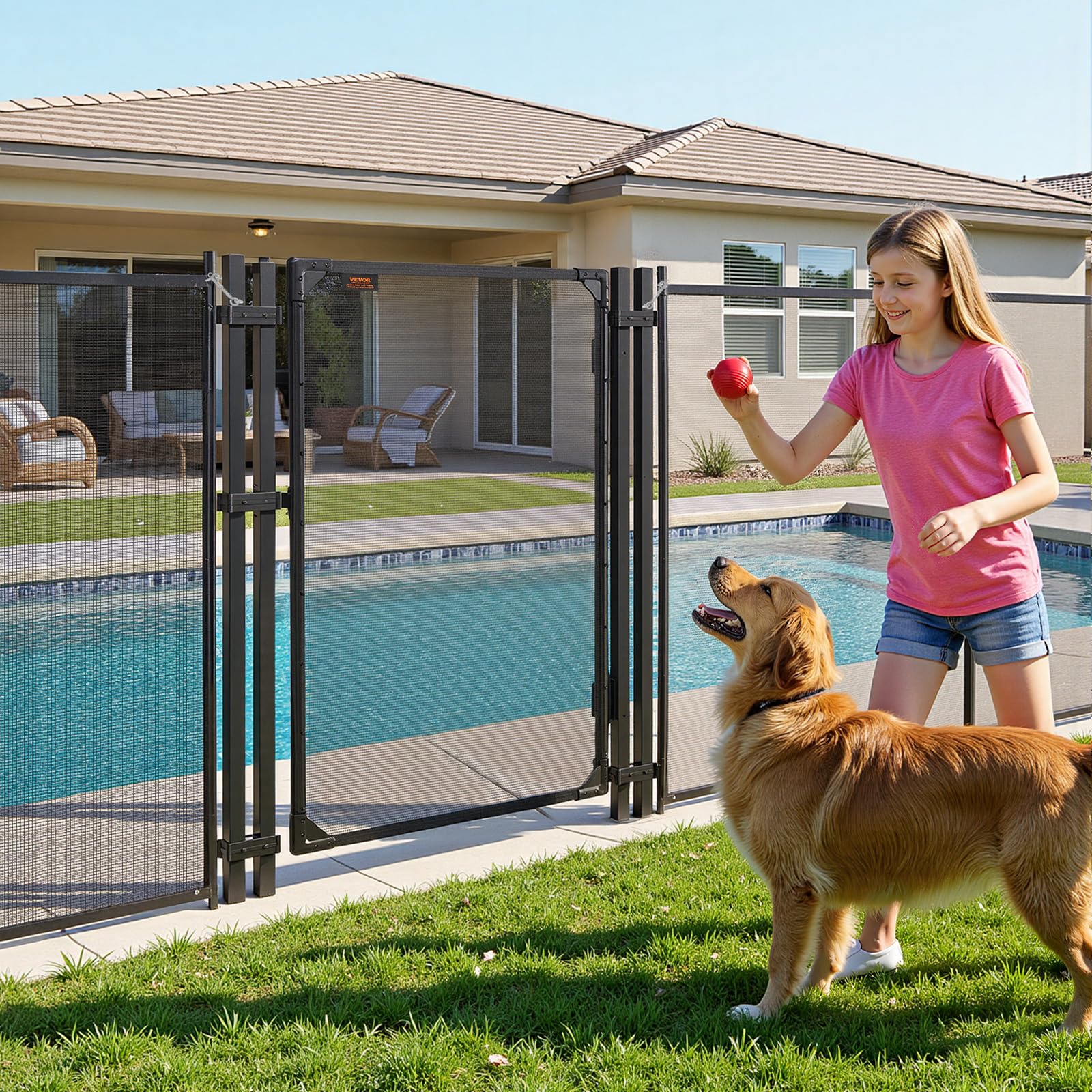 VEVOR Puerta de Seguridad para Piscina 1,2 x 0,75 m, Puerta de Malla Enterrada, Cerradura Automática, con Protectores de Esquinas Redondeados Estacas de Tierra, Multiusos para Jardín Mascota, Negro