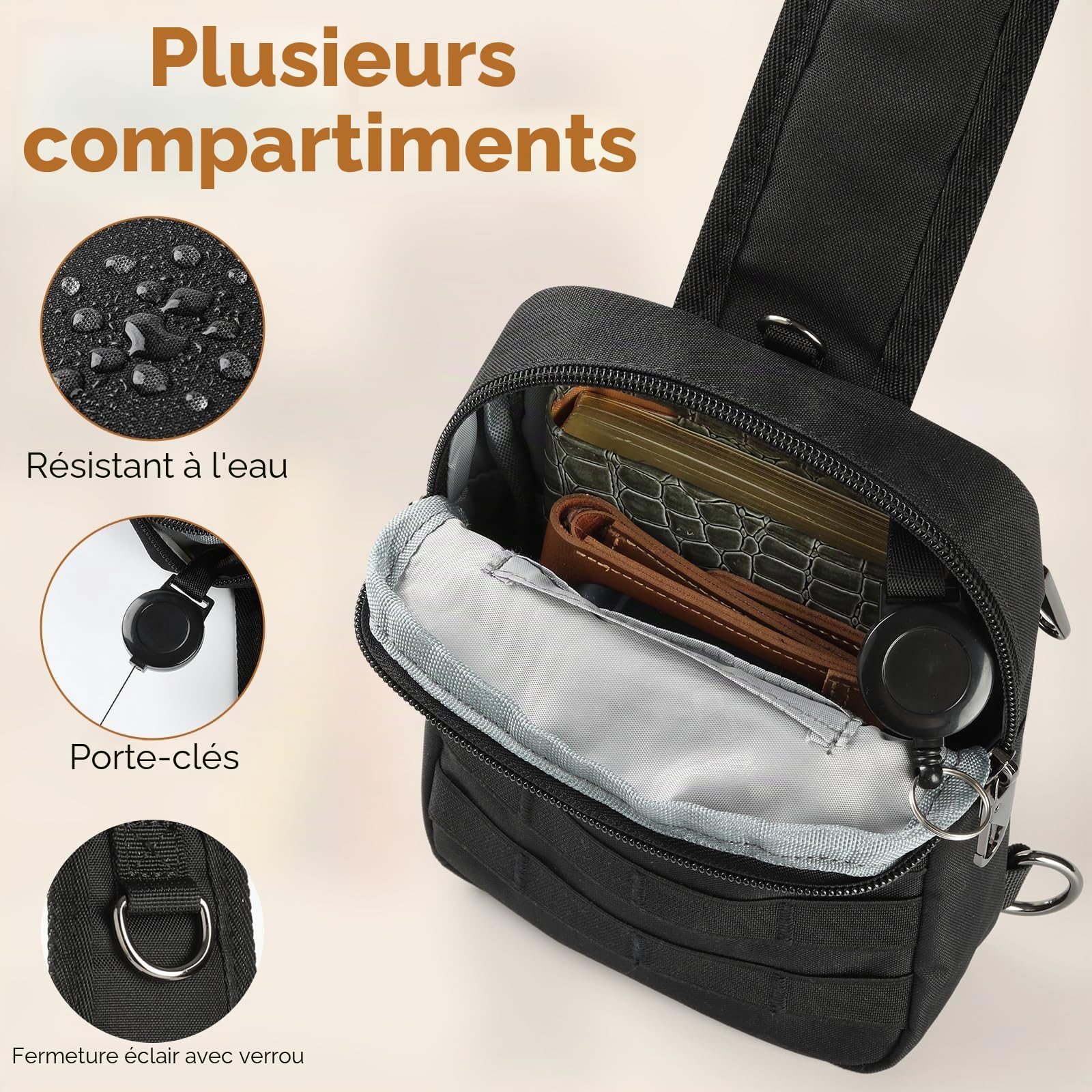 BROADREAM Sac à Bandoulière antivol - Tactique Sac de poitrine - Étanche sacoche homme - Petit sac à main avec fermeture éclair et blocage RFID