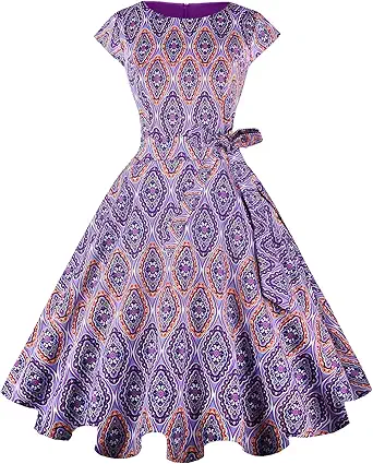 PUKAVT Women's 1950 Boatneck Cap Sleeve Vintage Swing Cocktail Party Dress with Pockets