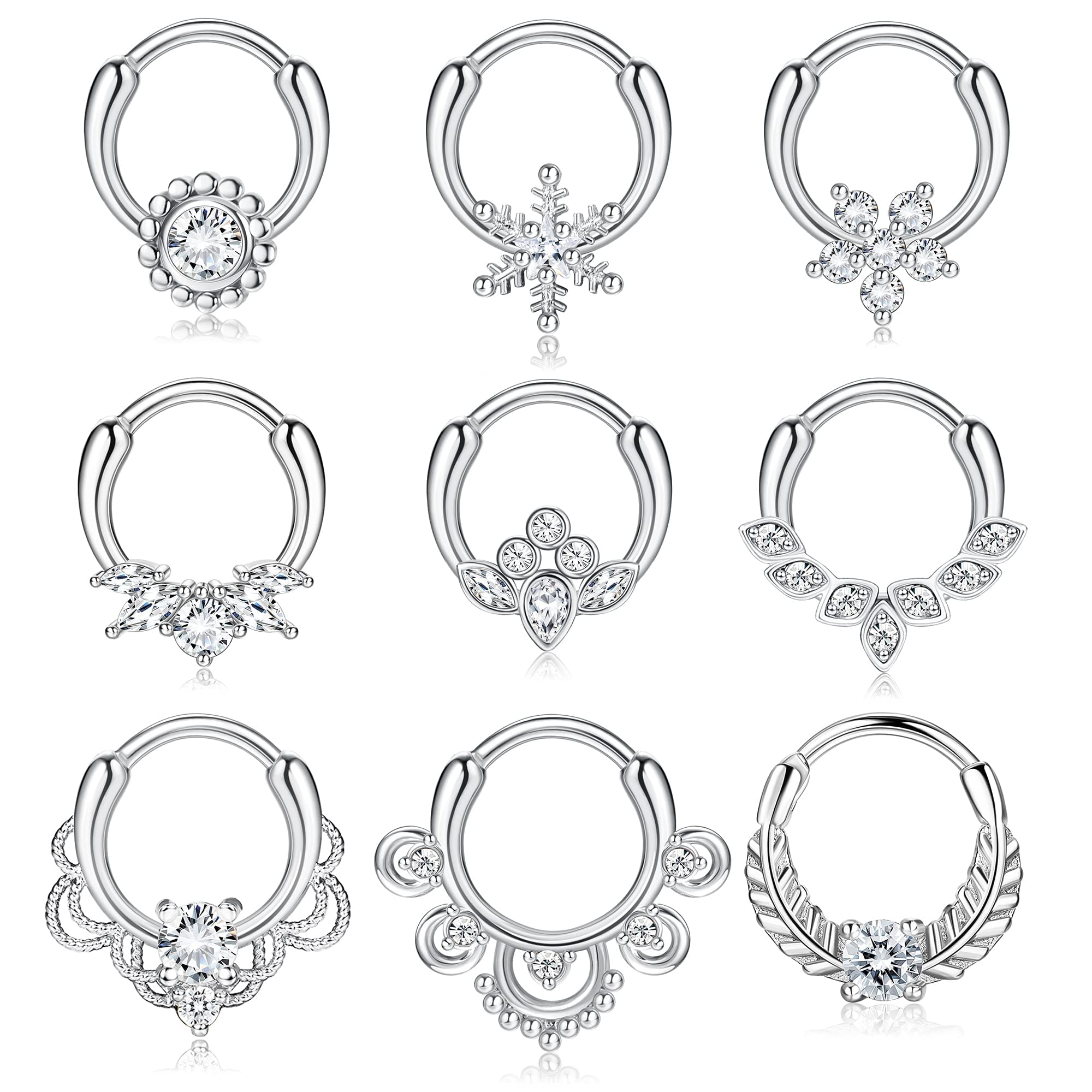 Kakonia 9pcs 16G Anillos de acero inoxidable para Mujeres Hombres CZ Flor Cartílago Helix Tragus Daith Pendientes de aro Plata Oro Rosa Oro Negro Nariz Anillo Aros conjunto 8MM 10MM