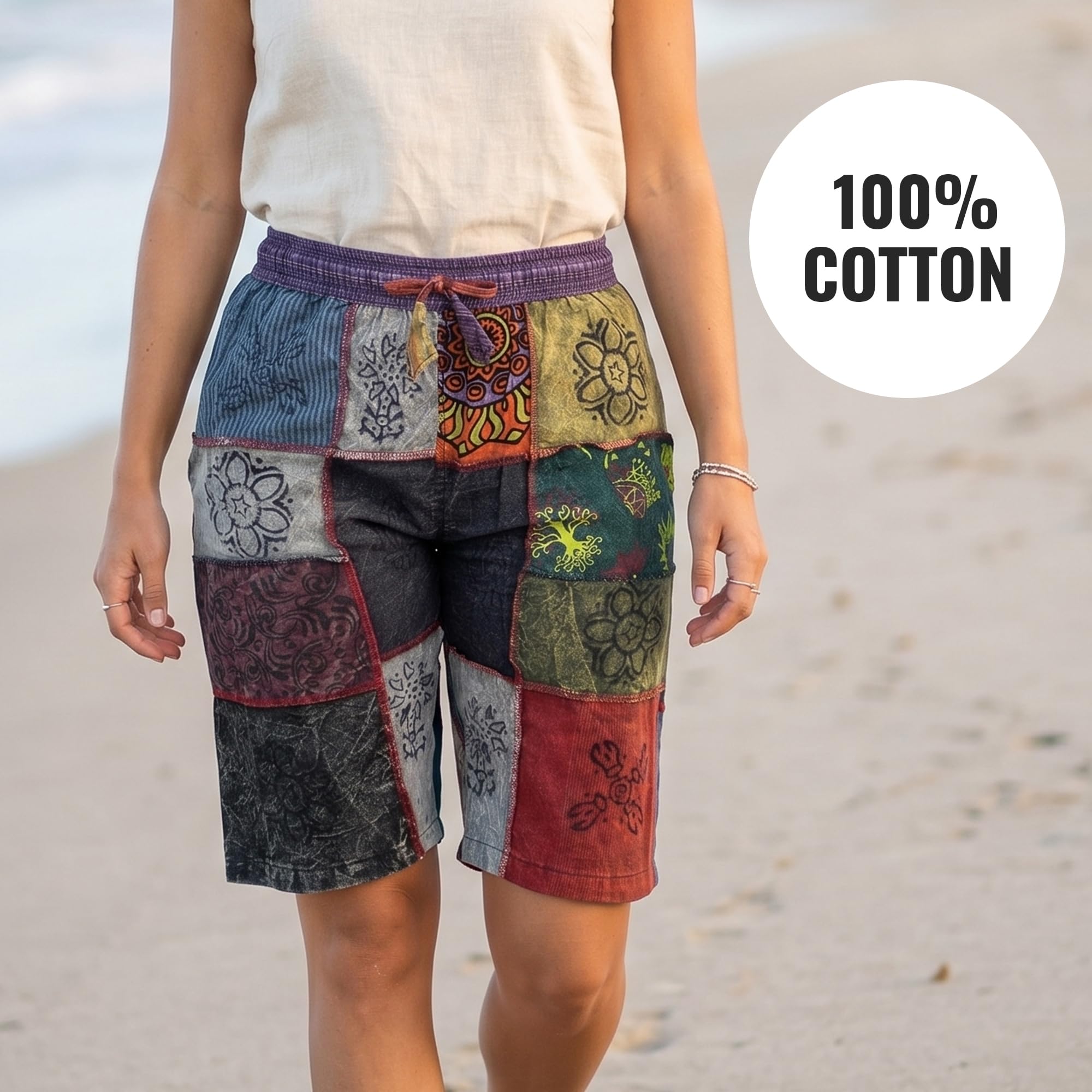 Ezhippie Pantalones cortos hippie unisex de algodón con cordón elástico en la cintura para festivales de verano