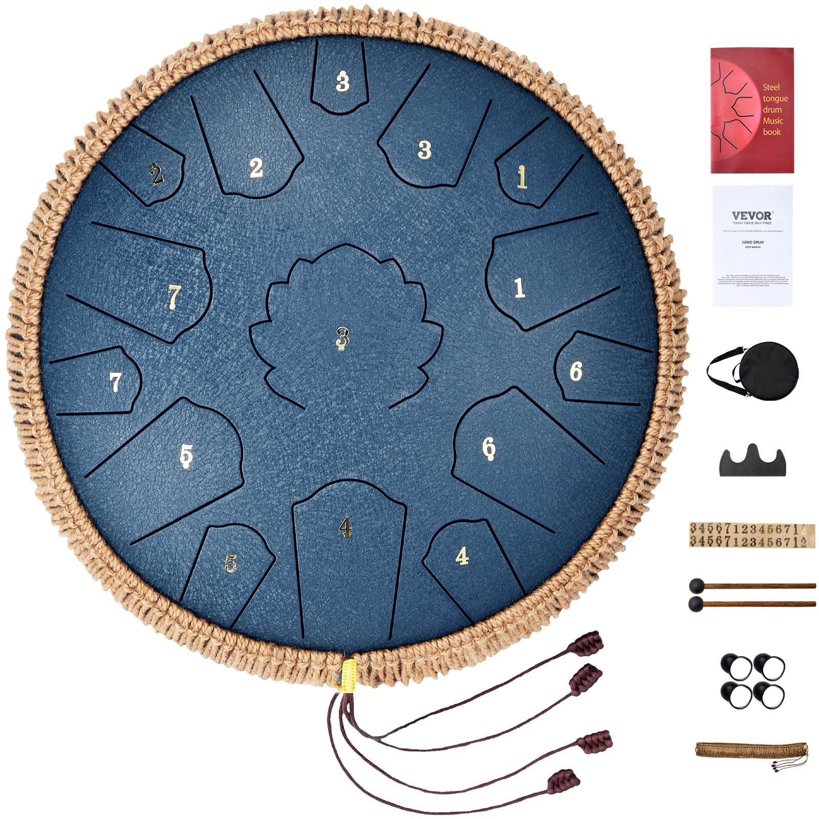 VEVOR Zungentrommel 356 mm, Steel Tongue Drum 15 Noten, Regentrommel, C-Dur-Tonart, Regenglockenspiel mit 2 Schlägeln & Tragetasche, Handpan-Trommel, Schlaginstrument für Musikunterricht & Yoga, Blau