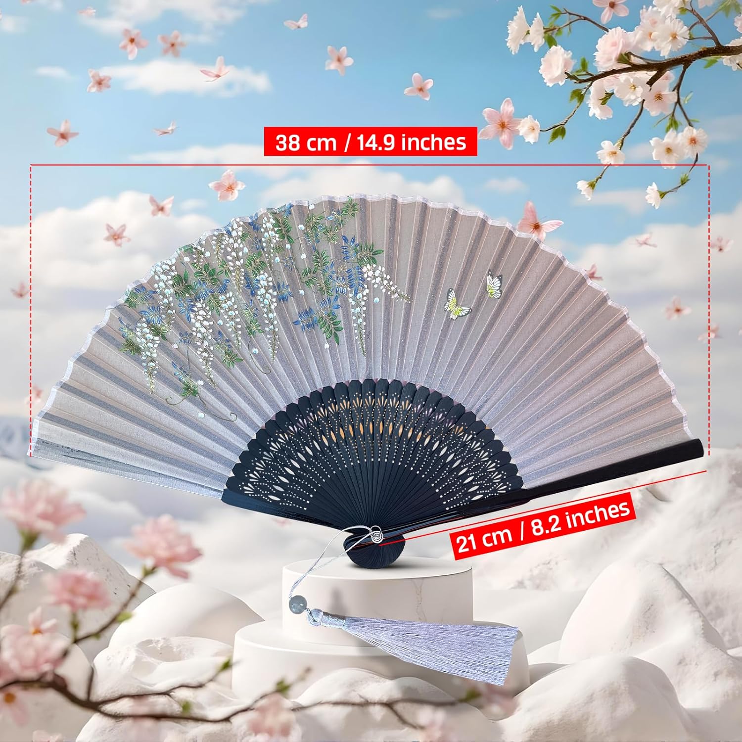 FANSOF.FANS Butterfly and flower Artwork Printed Premium Silk Fabric Handheld Folding Fan with Grade A Bamboo Ribs for Women Girls Birthday Wedding Favour With Tassel and Pouch (Beige)