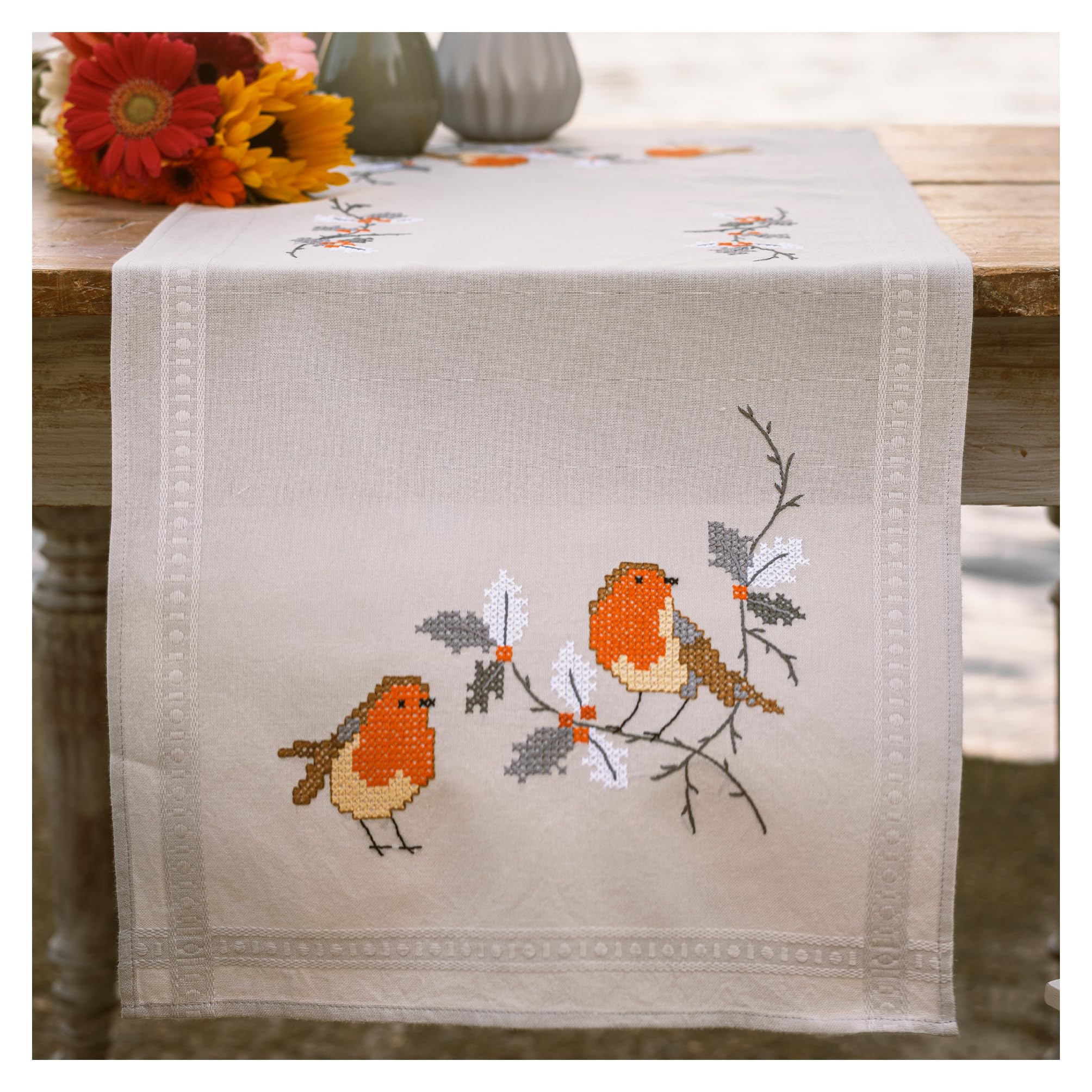 VERVACO Cross Stitch Kit Pre-Printed Centerpieces Robins Table Linen Set DIY Creative Approx. 40 x 100 cm Hobby Kit Creative Adults Home Decor Cross Stitch Runner