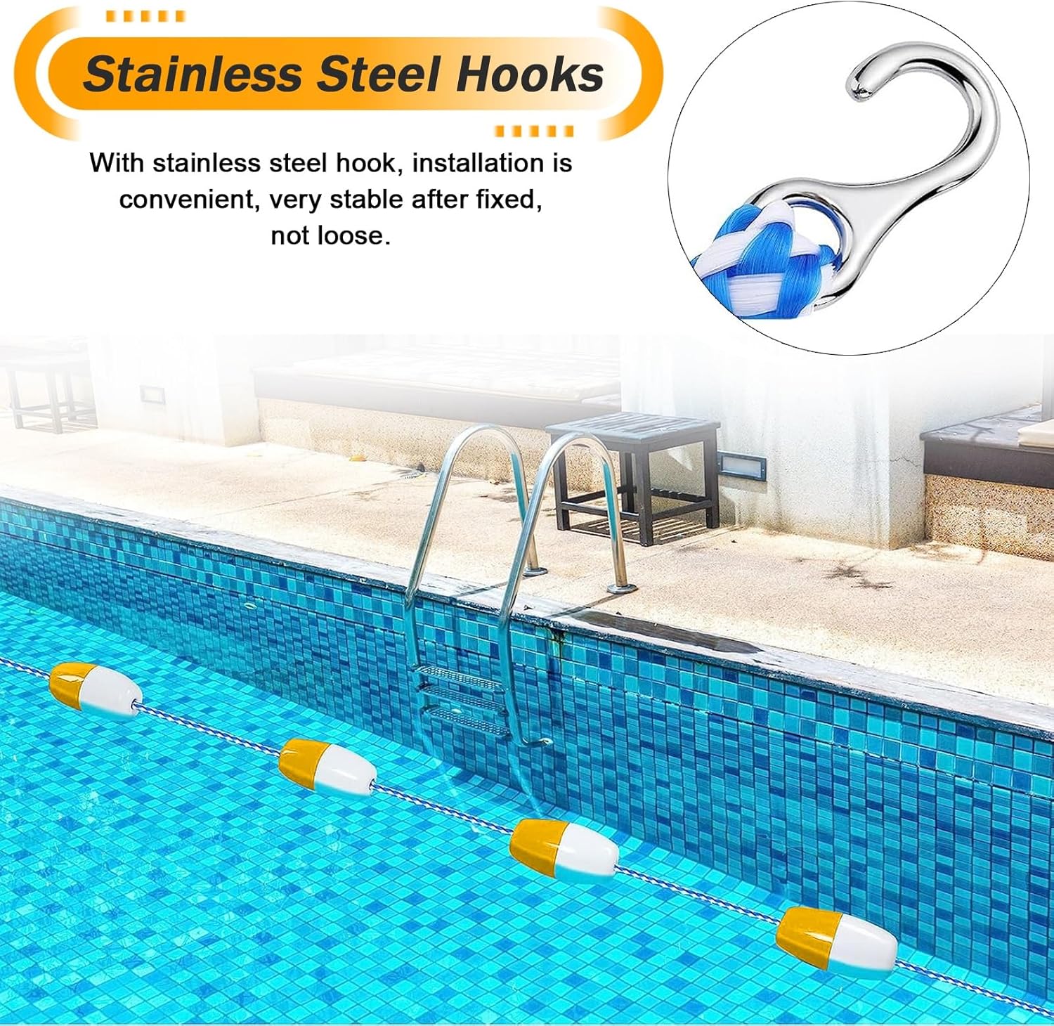 Professional Pool Safety Float Line Divider Rope Kits - Yellow & White Swimming Lane Dividers with 2 Hooks, Adjustable Lengths for Deep/Shallow End Use