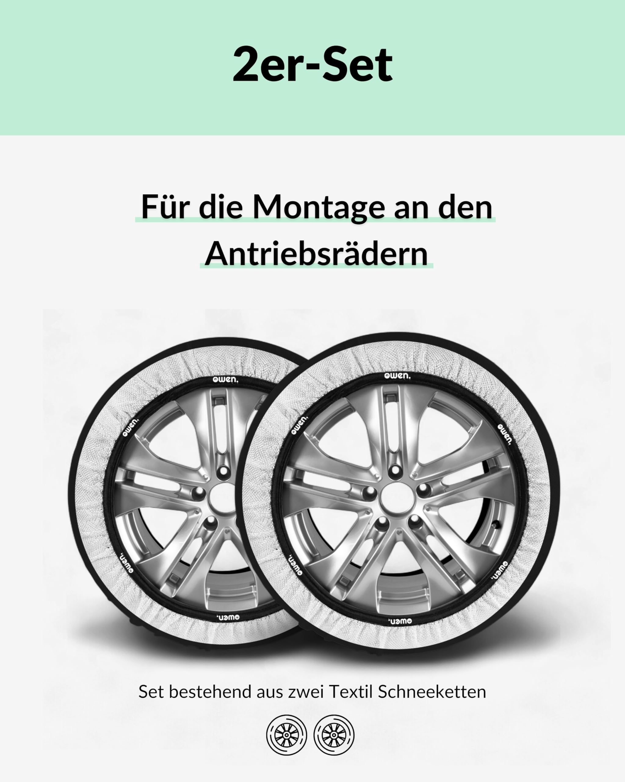 OWEN Schneeketten Textil (Paar) | Die Schnelle Anfahrhilfe bei Schnee & Eis | Geeignet für ABS/ESP | 3D-Grip Traktion & Felgenschutz | Montage in 2 Min | XS-XXL (L)