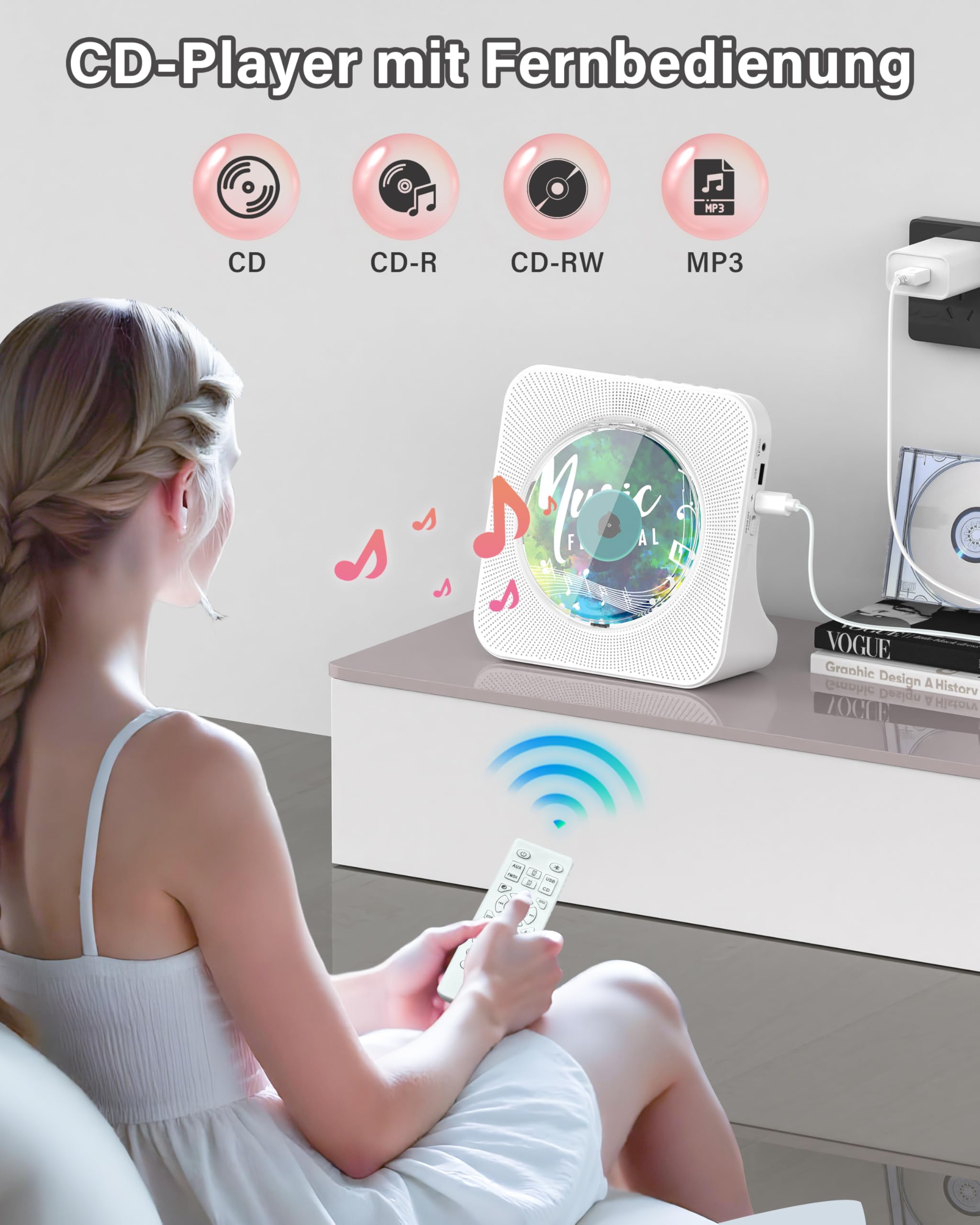 Greadio CD-Player Tragbar mit Bluetooth 5.0,CD-Musik-mit Fernbedienung,HiFi-Sound-Lautsprecher,Staubschutz,LED-Bildschirm,FM-Radio,unterstützt AUX/USB,Kopfhörerbuchse für Geschenk,Zuhause (Weiß)