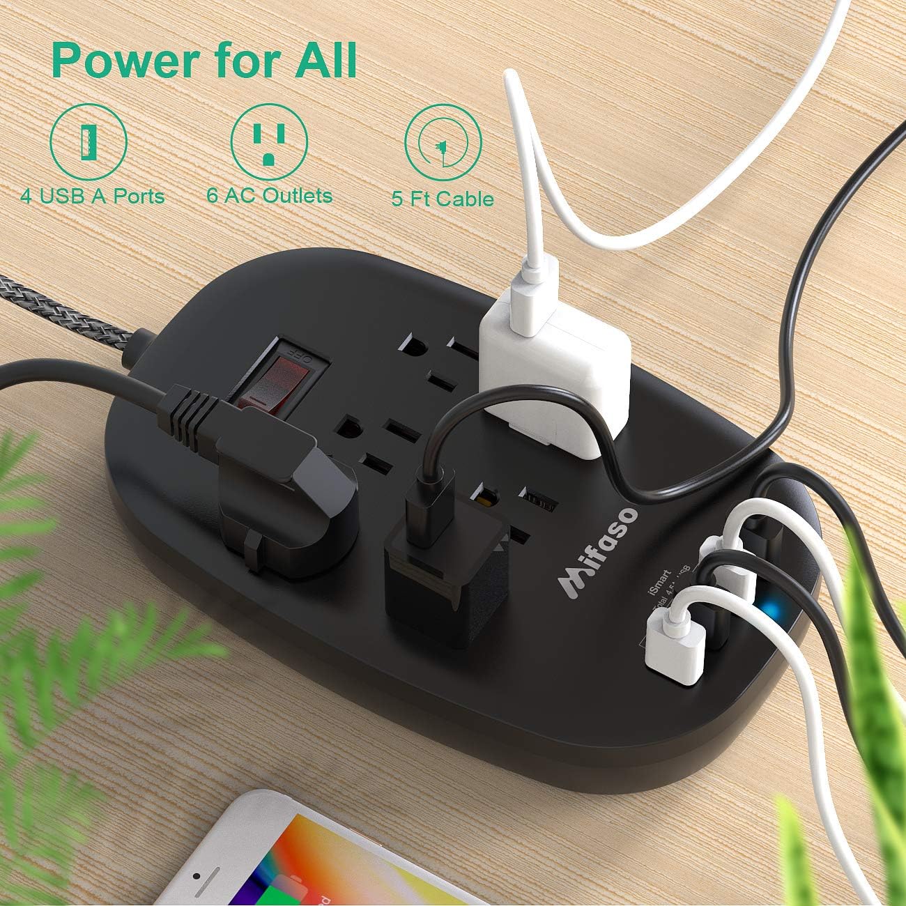 Power Strip, 6 Outlet Power Strips with 4 USB Ports(5V/4.5A), 5ft Braided Heavy Duty Extension Cord, Flat Plug, Switched Multi Outlets Power Strip for Home,Dorm,Office,Hotel