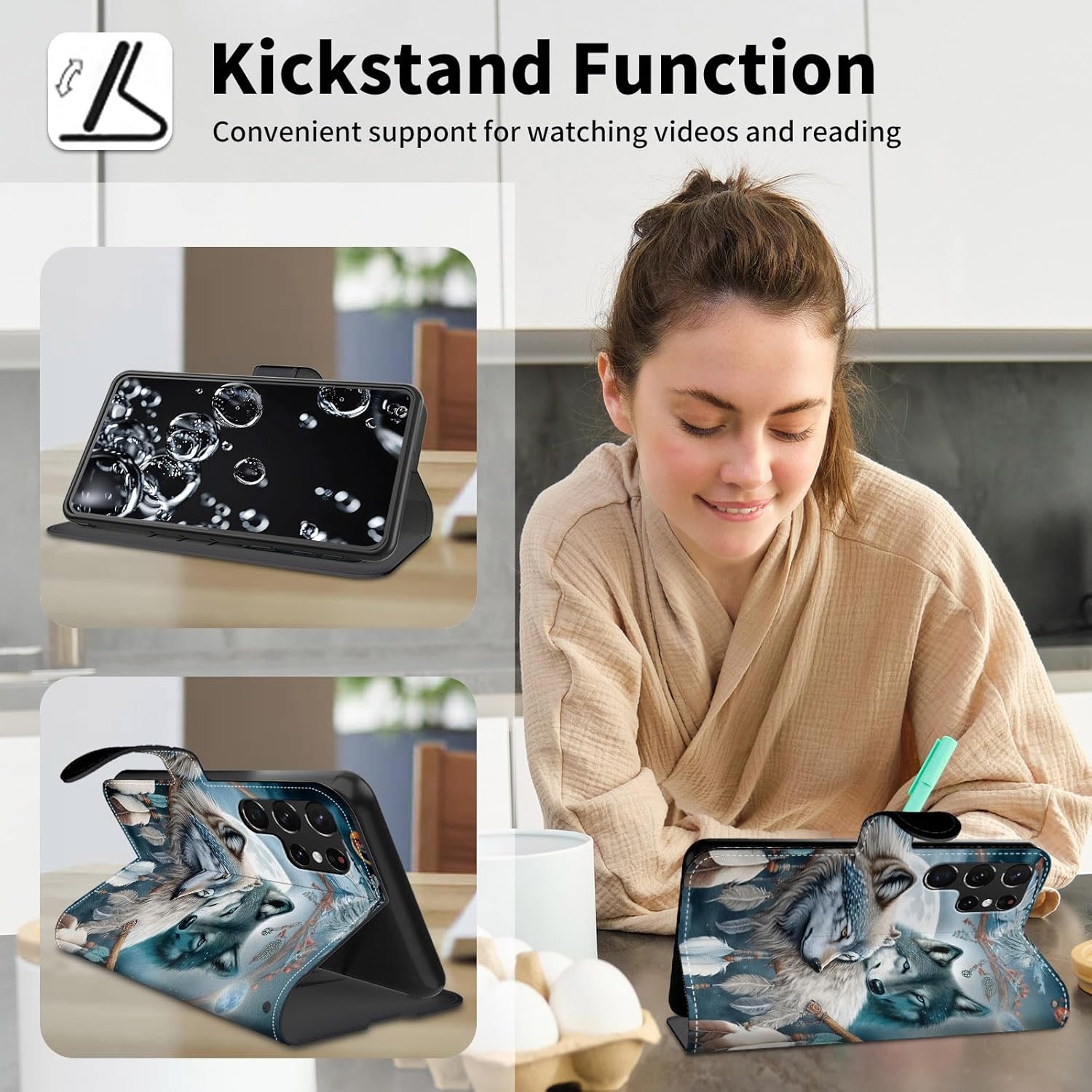 for Samsung Galaxy S25 Ultra Case with Card Holder & Kickstand & Wrist Strap Wallet Flip Folio Leather Magnetic Protective Shockproof Phone Case for Samsung S25 Ultra,Dream Catcher Wolf - Image 3