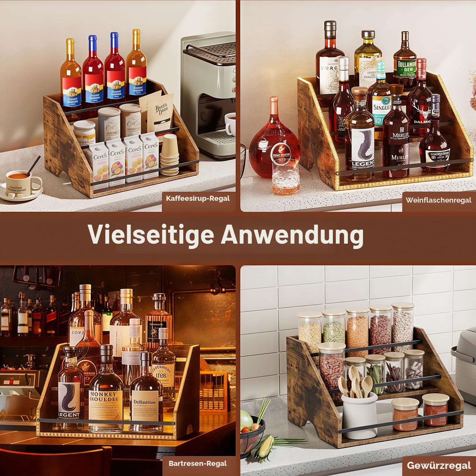 Nuovoware LED Beleuchtet Schnapsflasche Display Regal, 3 Schritt Holz Arbeitsplatte Schnapsregal mit Zäune Tragbare Griffe, 12-Flaschen-Whiskey-Regal Liquor Display Retro Weinregal für Home Bar, Braun