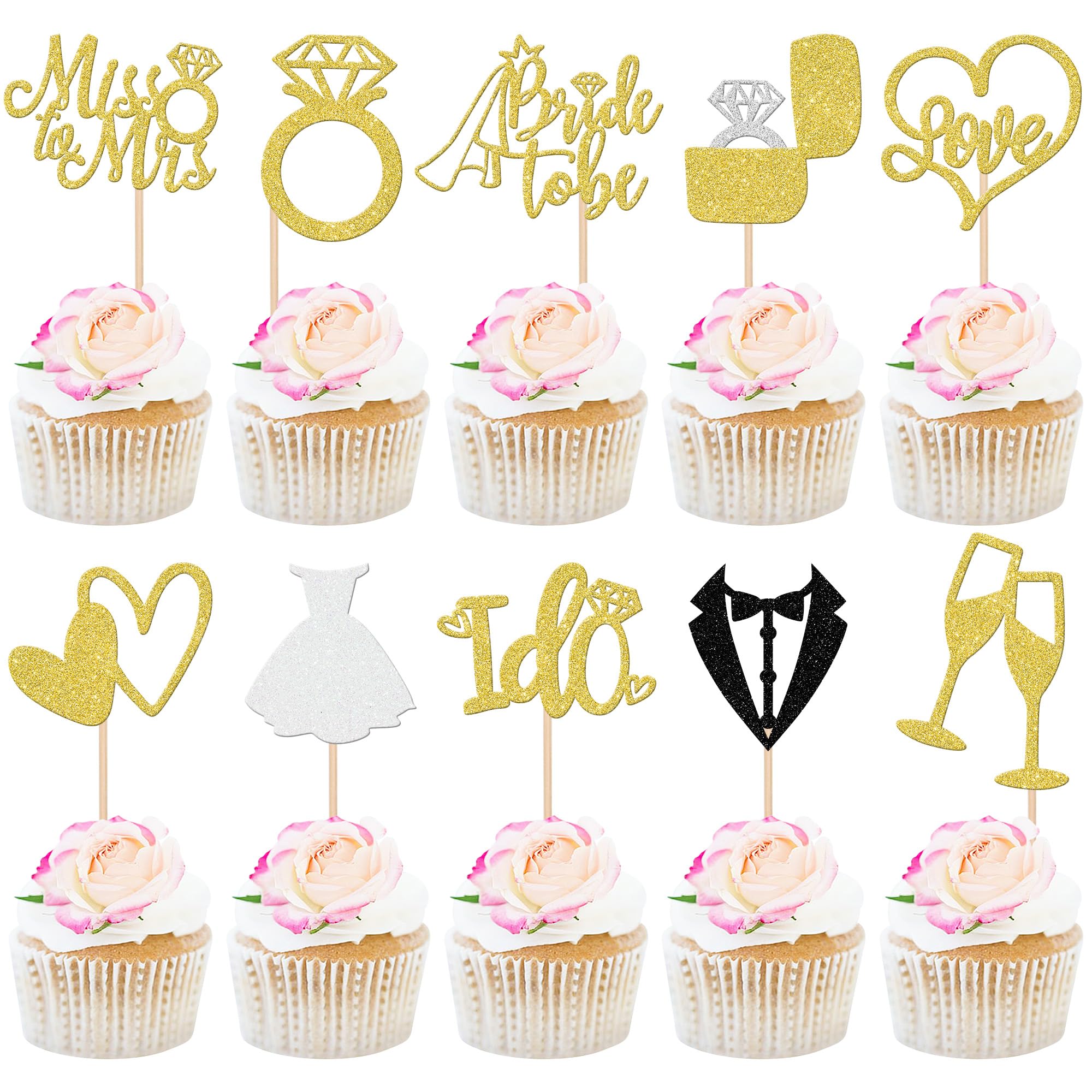 30 Stück Bride to Be Cupcake Toppers Hochzeit Thema Tortendeko Glitzer Braut und Bräutigam Liebe Herz Diamant Ring Kuchen Deko für Verlobung Hochzeiten Thema Party Cupcake Dekorationen Gold Neu
