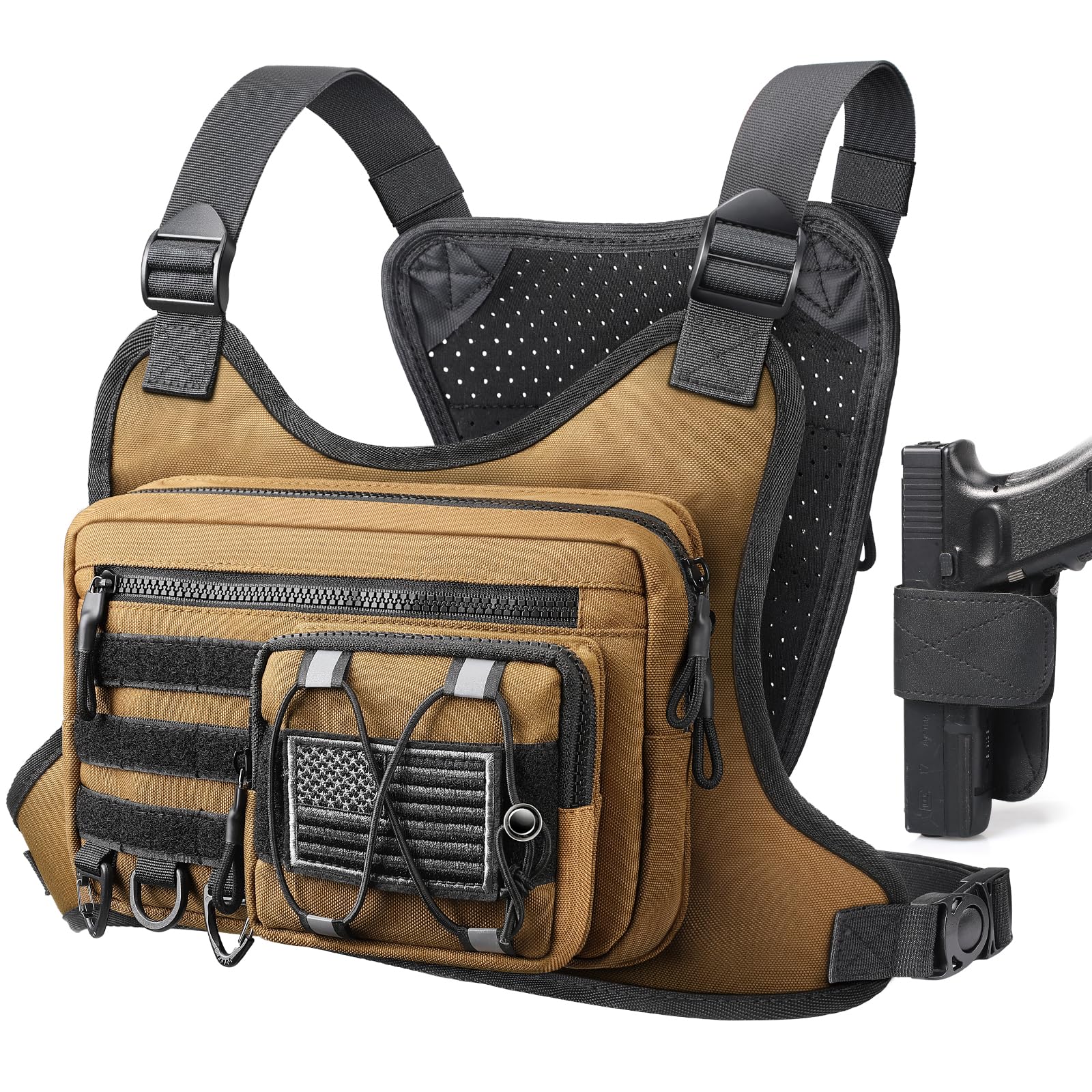 Chest Bag for Men Women Tactical Chest Rig with Holster Outdoor Sports Chest Bag for Running Hiking Cycling Workout, khaki, 9.8" x 6.3" x 2.5", Tactical-image-32