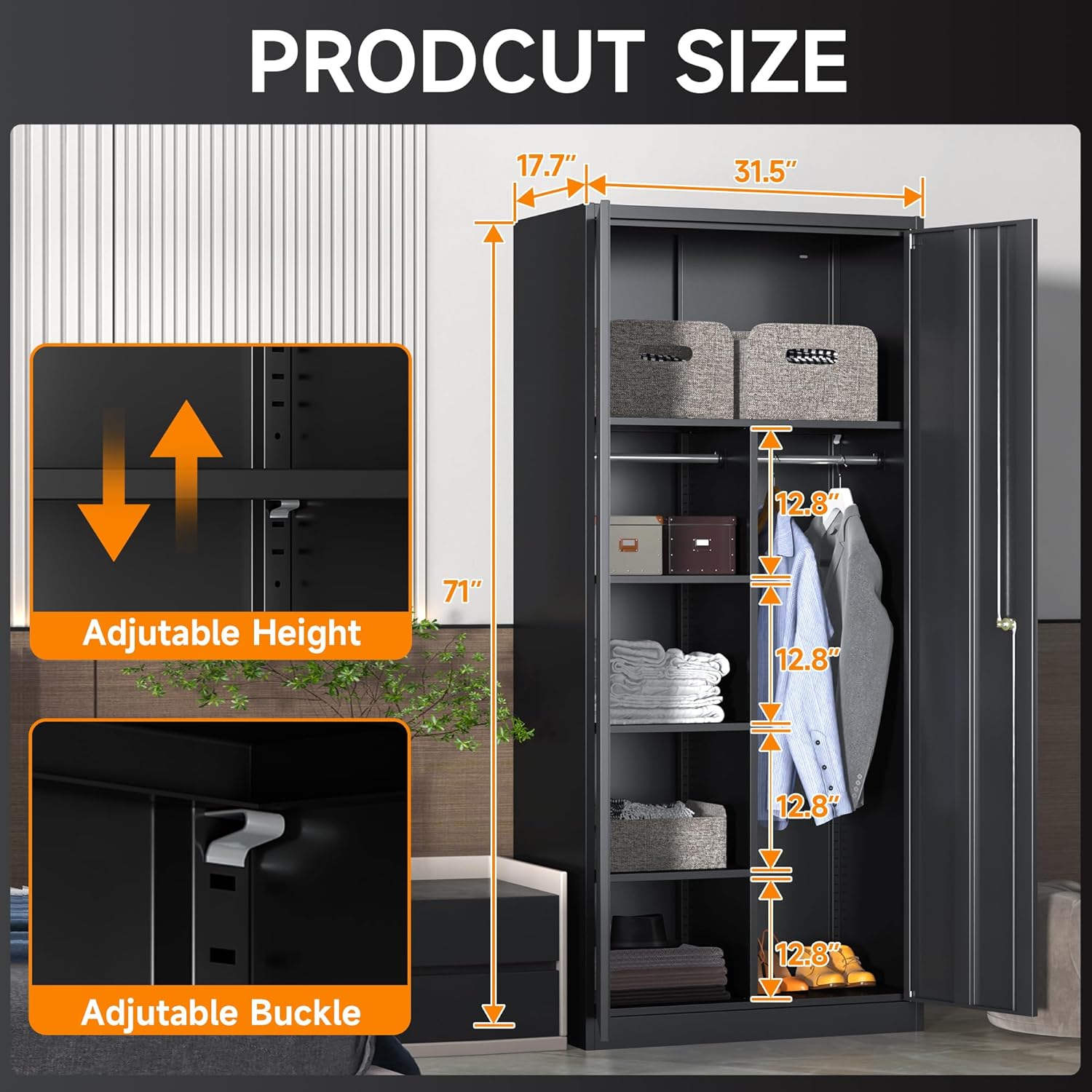 Coolsun 71" Wardrobe Closet Cabinet with 2 Hanging Rods and Adjustable Shelves,Metal Storage Locker with Locking Doors, Lockable Wardrobe Cabine for Bedroom,Home Office