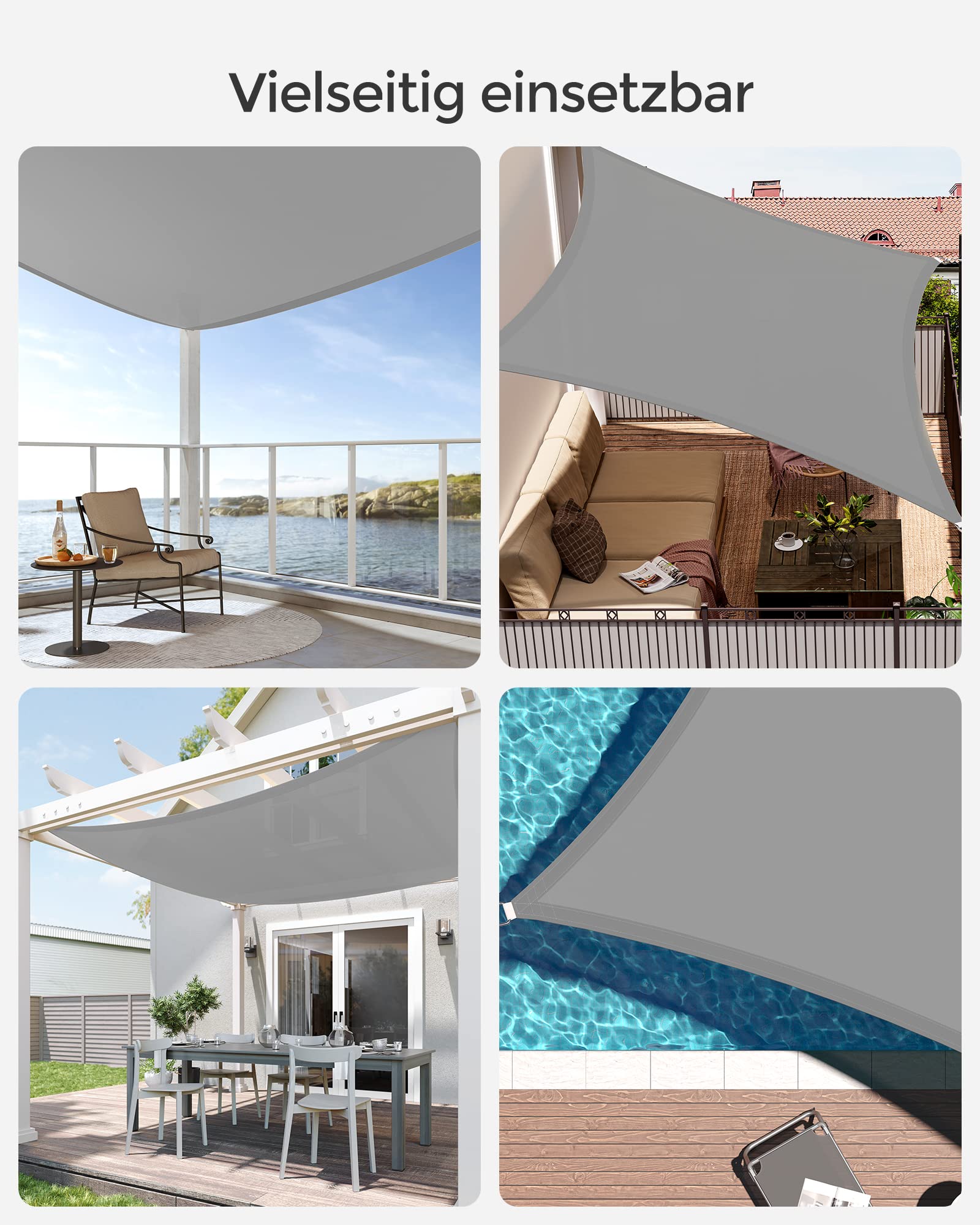 SONGMICS Sonnensegel 2 x 3 m, wasserfest mit Einer Wassersäule von 665 mm, Sonnenschutz aus reißfestem Polyester, UV-Schutz 93%, Terrasse, Garten, Balkon, rechteckig, 2 m Seile, hellgrau GSH23QY