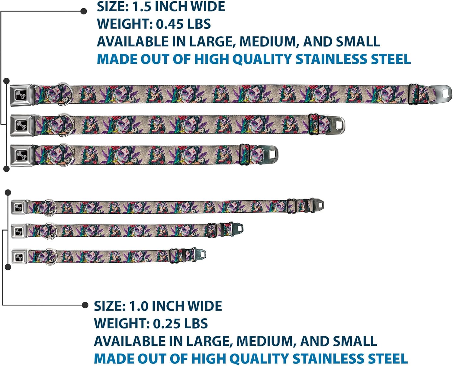 Dog Collar Seatbelt Buckle Muerta 11 to 17 Inches 1.0 Inch Wide