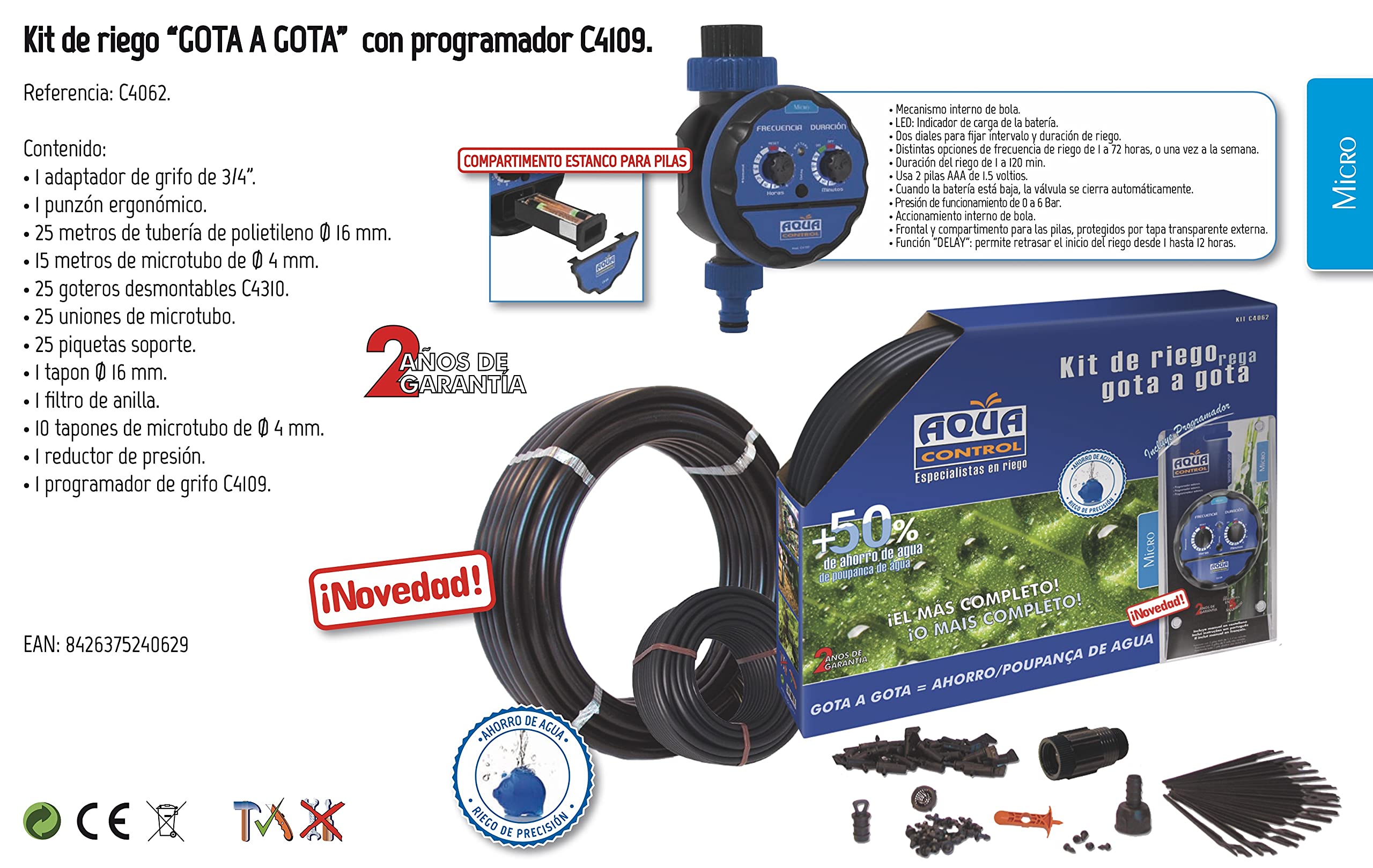 AQUA CONTROL Kit RIEGO GOTA A GOTA para BALCONES - 25 GOTEROS 4L/H