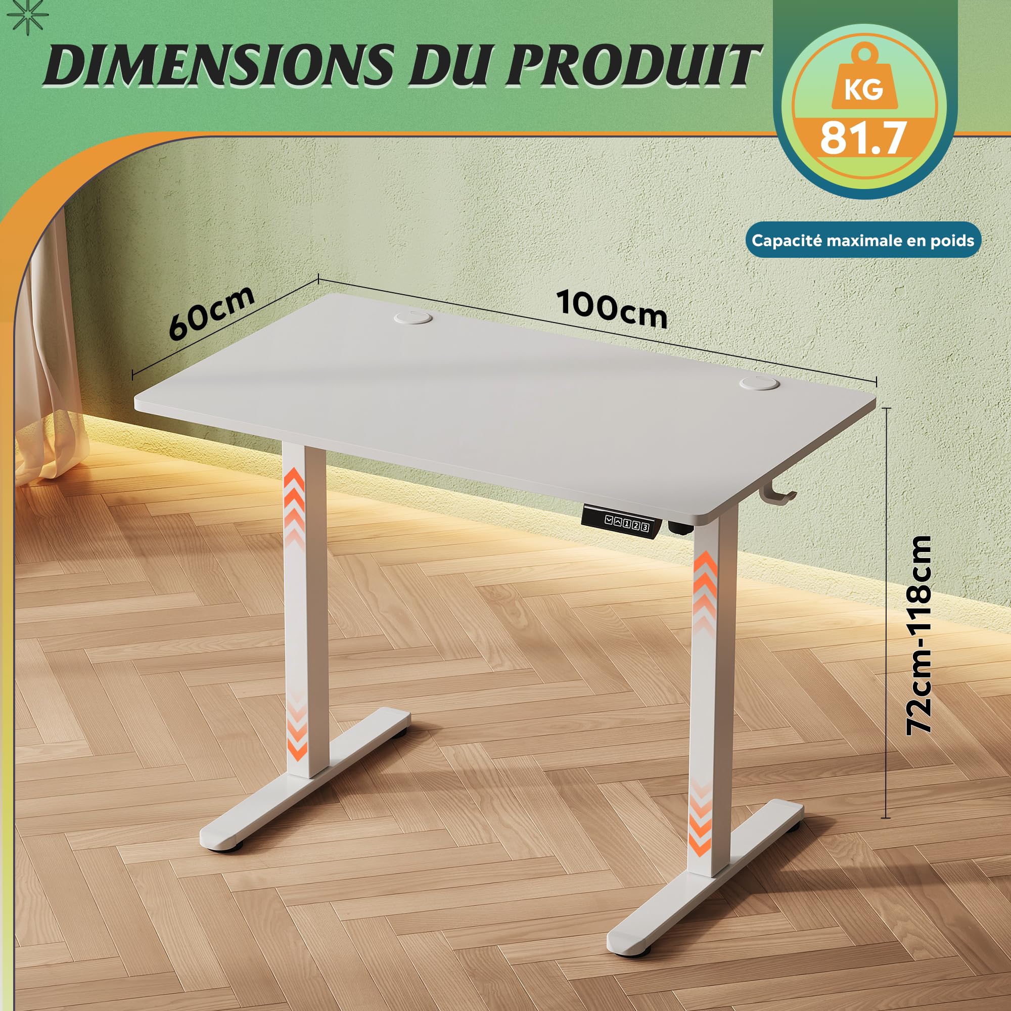 DEVAISE Bureau Assis-Debout Électrique 100 x 60cm, Moteur Silencieux avec 3 Mémoires, Table Ergonomique pour Télétravail et Bureau, Blanc
