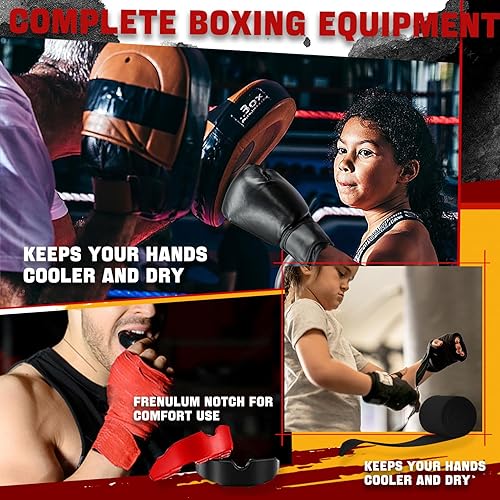 Miniatura 7 de Juego de 14 piezas de equipo de boxeo para principiantes, incluye 2 pares de guantes de boxeo de 6 onzas, casco para la cabeza, vendas de mano,