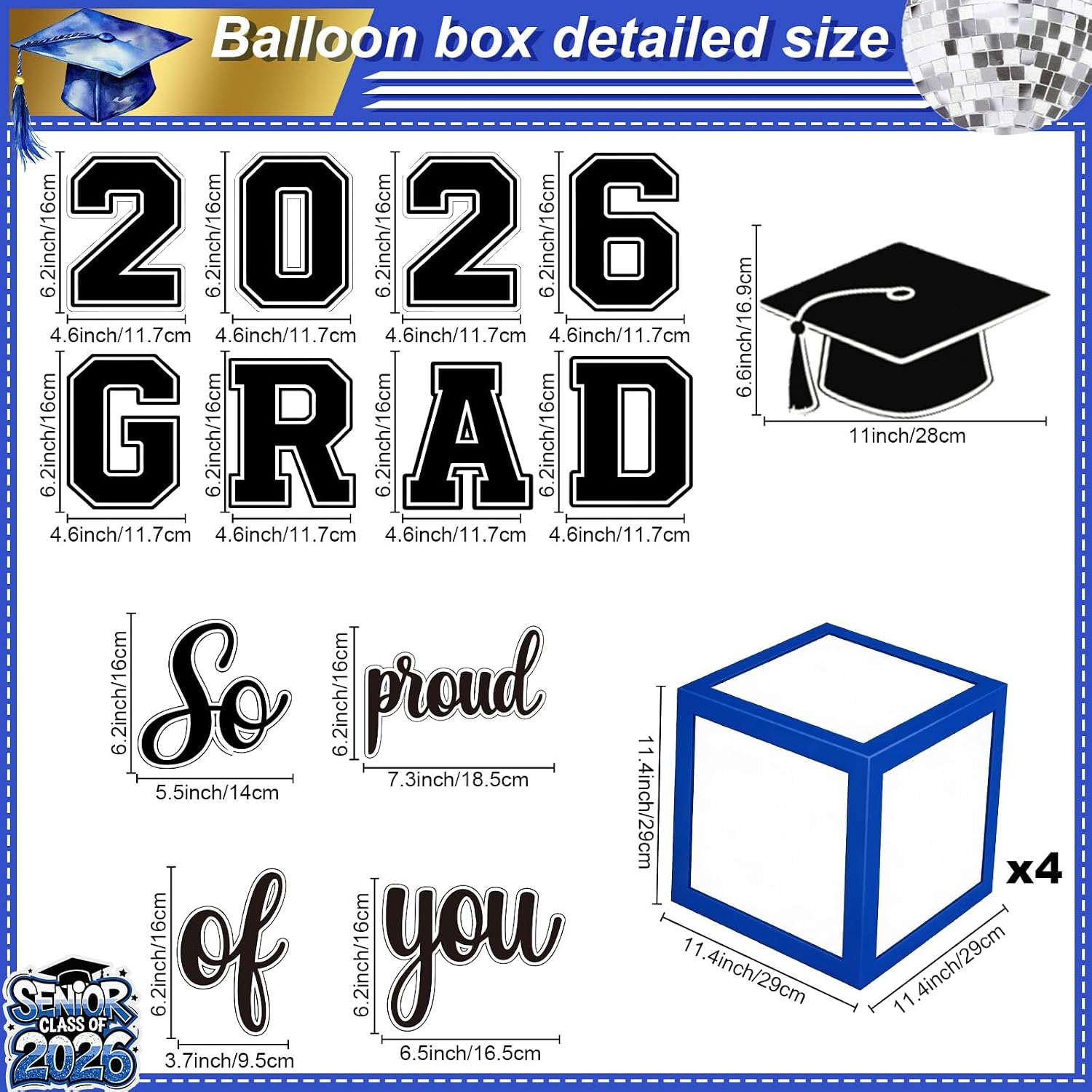 Graduation Decorations Pearl Royal Blue and Gold Balloons Arch with 55 Inch Balloons Boxes *4, Congratulations Graduation Star Foil Balloon Gold Confetti Balloon with Letters 2026 GRAD So Proud of You image 4
