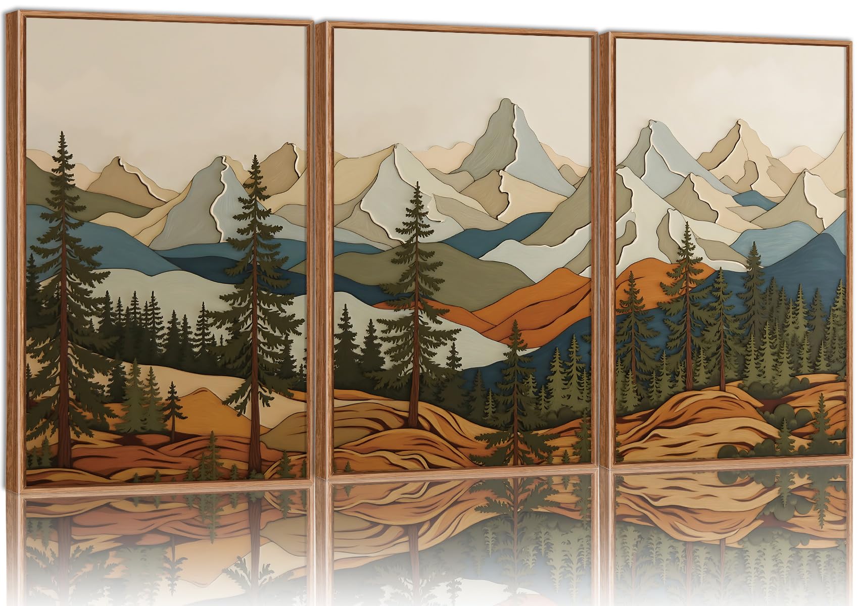 SIGNINART Vintage Mountains Framed Canvas Wall Art, Wooden Forest Wall Decor, Green Wood Pine Trees Wilderness Artwork, Metal Ridge Landscape Art Paintings for Living Room Bedroom Office 16"x24"x3