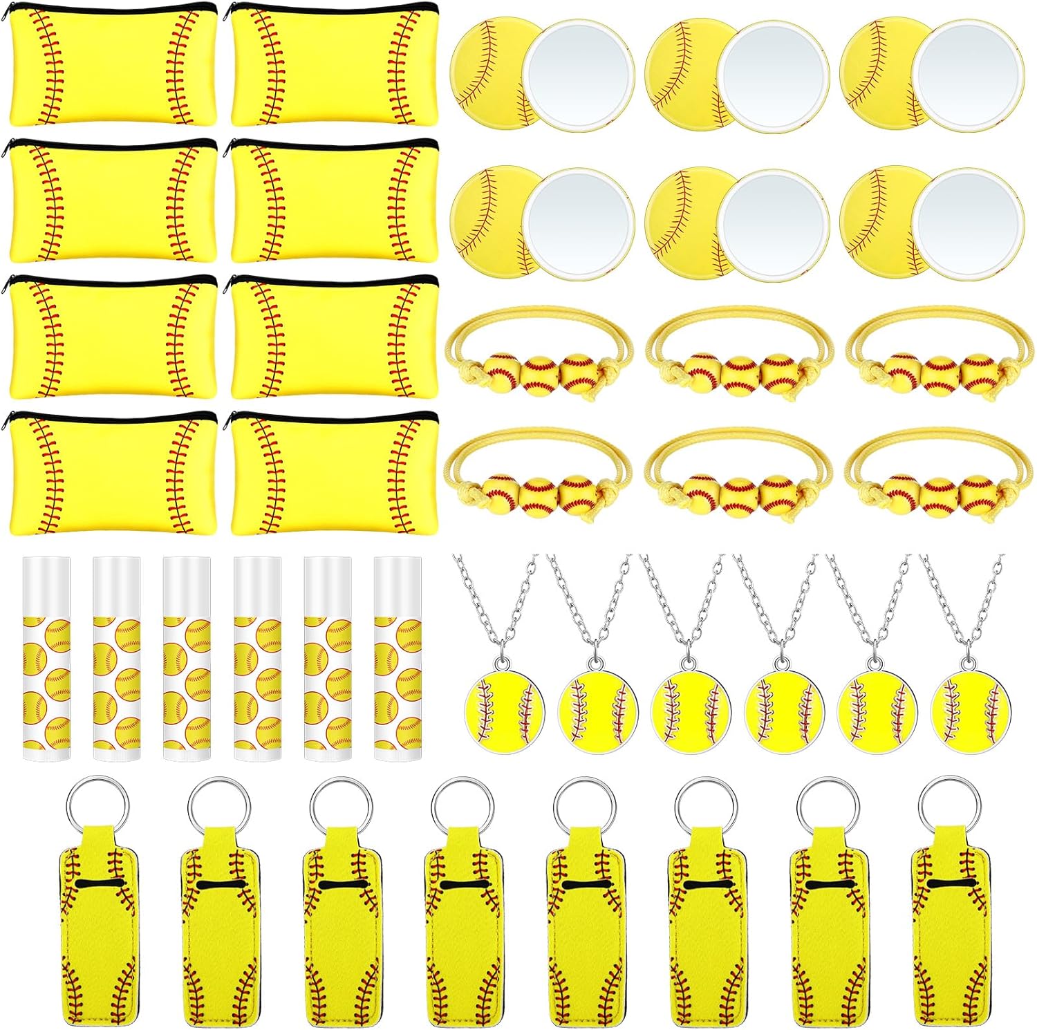 72 Pcs Softball Team Gifts Softball Party Favors Accessories for Teen Girls 12 Makeup Bags Lip Balm 12 Lipstick Holder Keychains Necklaces Mirrors Adjustable Bracelet for Sport Lover