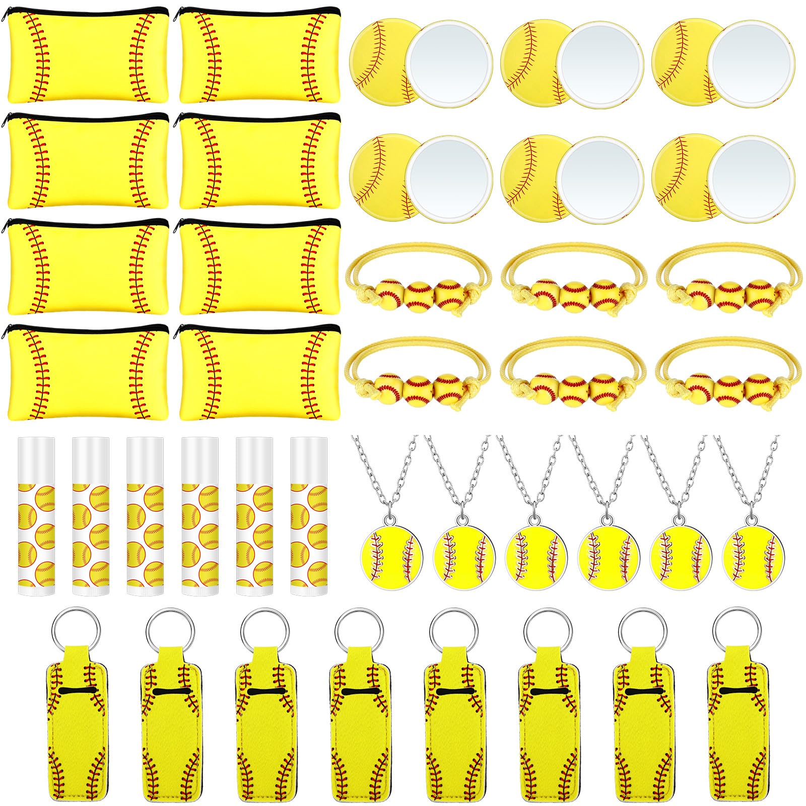 Heigble 72 Pcs Softball Team Gifts Softball Party Favors Accessories for Teen Girls 12 Makeup Bags Lip Balm 12 Lipstick Holder Keychains Necklaces