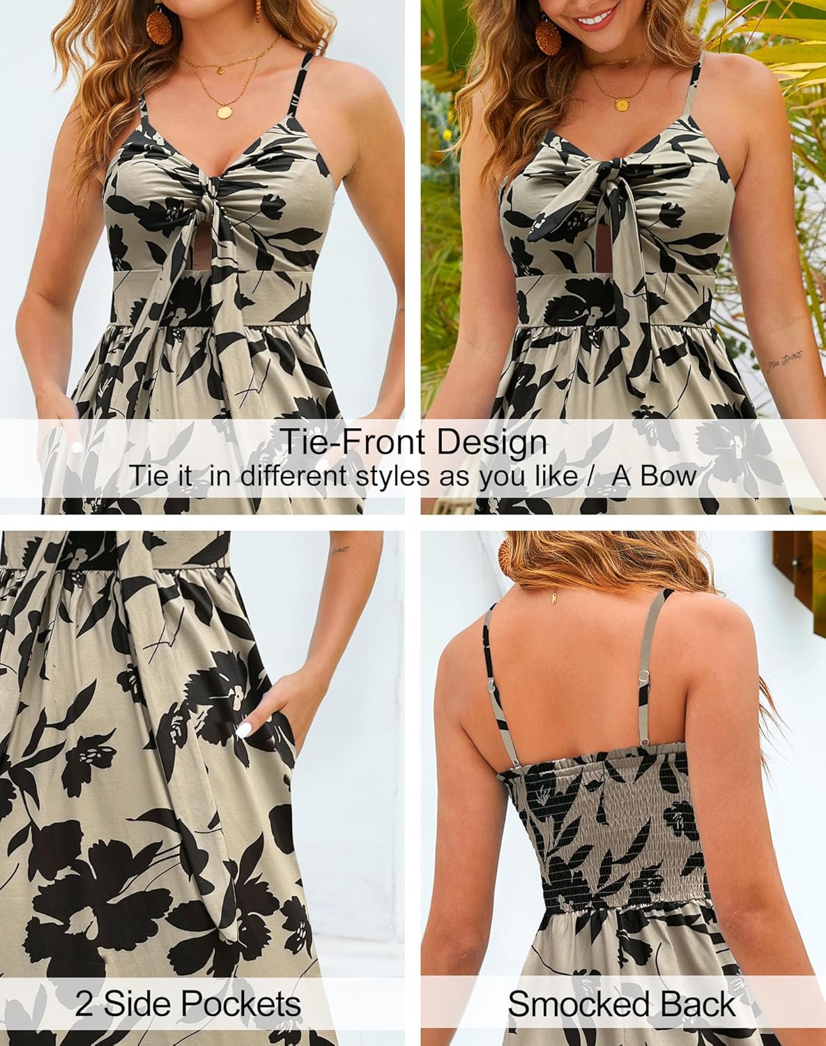 Kranda Women 2026 Summer Sundress High Waist Tie Front Spaghetti Strap Long Beach Floral Tiered Maxi Dress with Pockets - Image 5