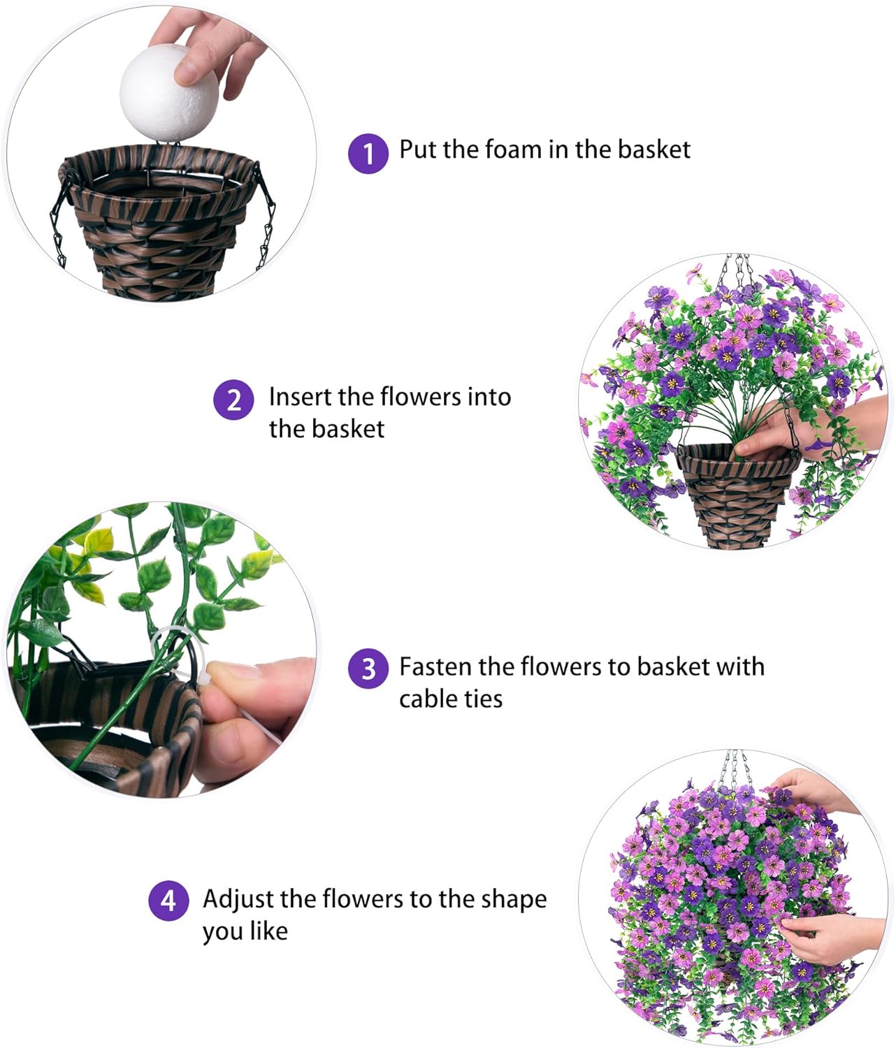 HyeFlora Artificial Hanging Flowers Basket for Outdoor, Fake Flowers Faux Plants Look Real for Yard Gardens Porch Patio Home (Darkpurple+Purple) - Image 5