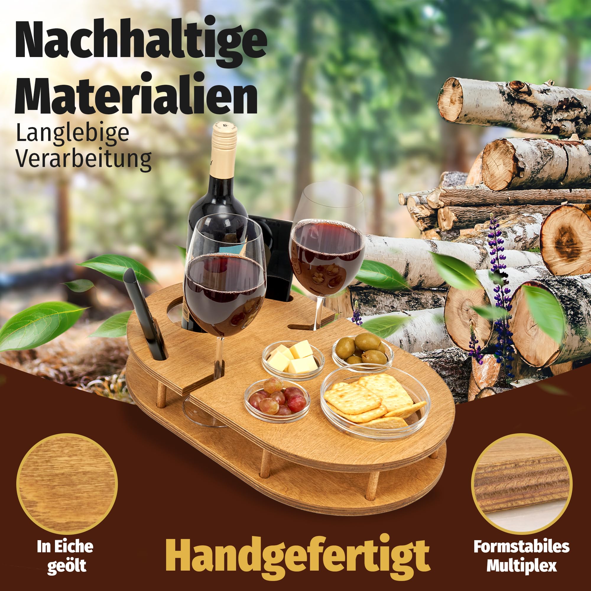 Couchbar Weinbar in Eiche mit 4 Glasschalen | PERSONALISIERBAR | Snackbox für Wein mit Getränkehalterung für Weingläser und Weinflasche | Sofabar für Snacks | Couch Bar personalisiert
