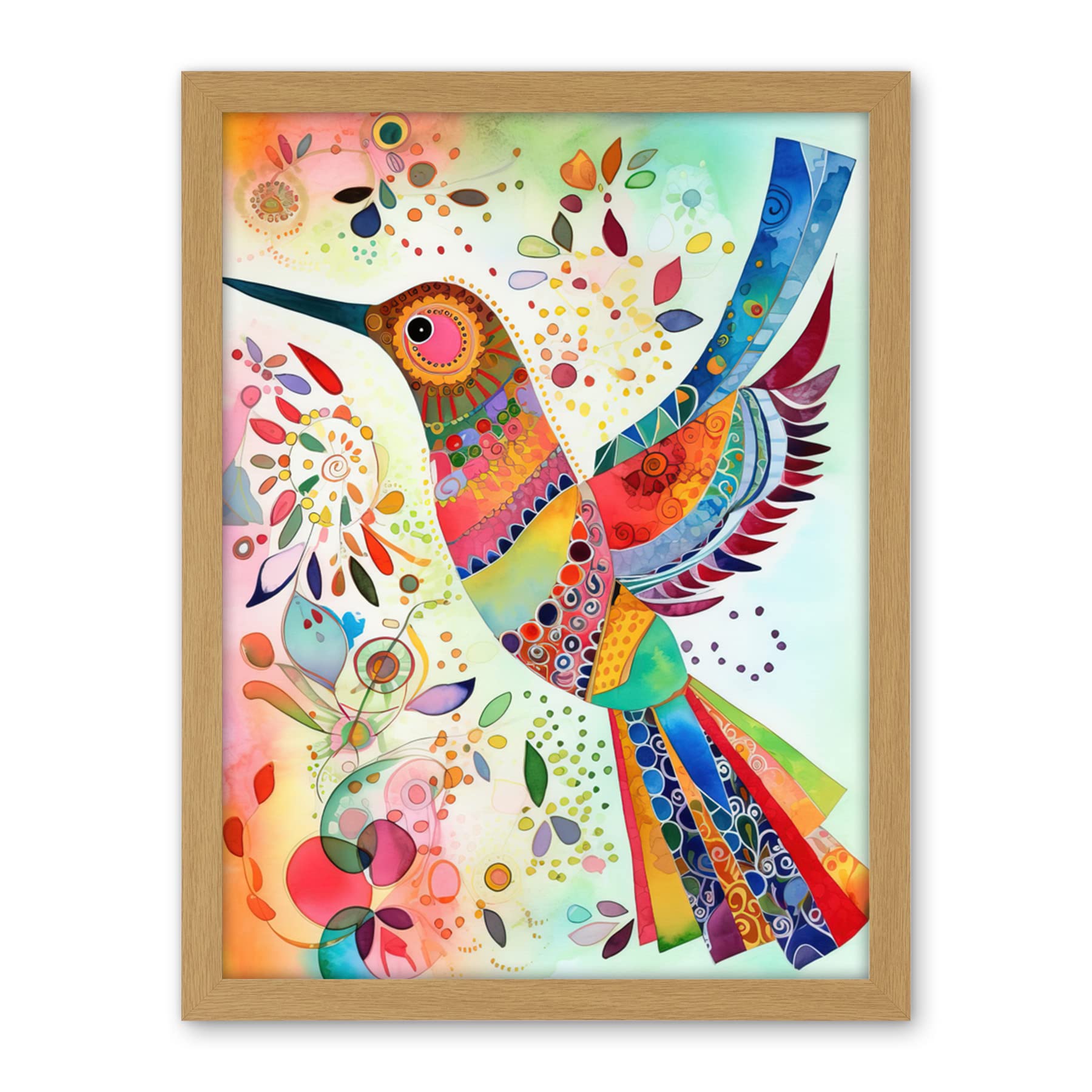 Artery8 Hummingbird With Multicolour Pattern Feathers Folk Art Watercolour Painting Artwork Framed Wall Art Print 18X24 Inch