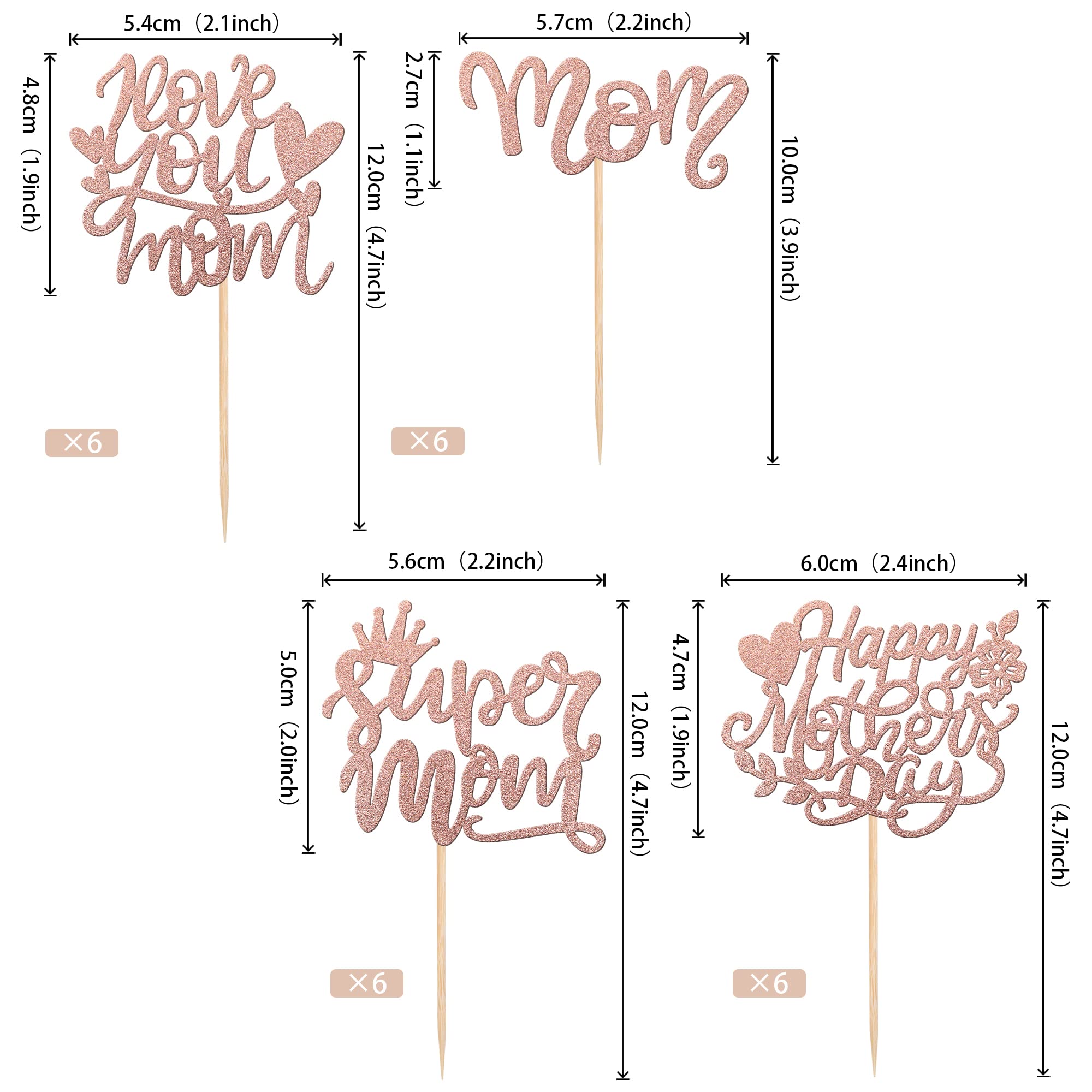 24 PCS Happy Mother's Day Cupcake Toppers Glitter Super Mom Cupcake Picks Love You Mom Cake Decorations for Happy Mother's Day Theme Women Birthday Party Cake Decorations Supplies Rose Gold