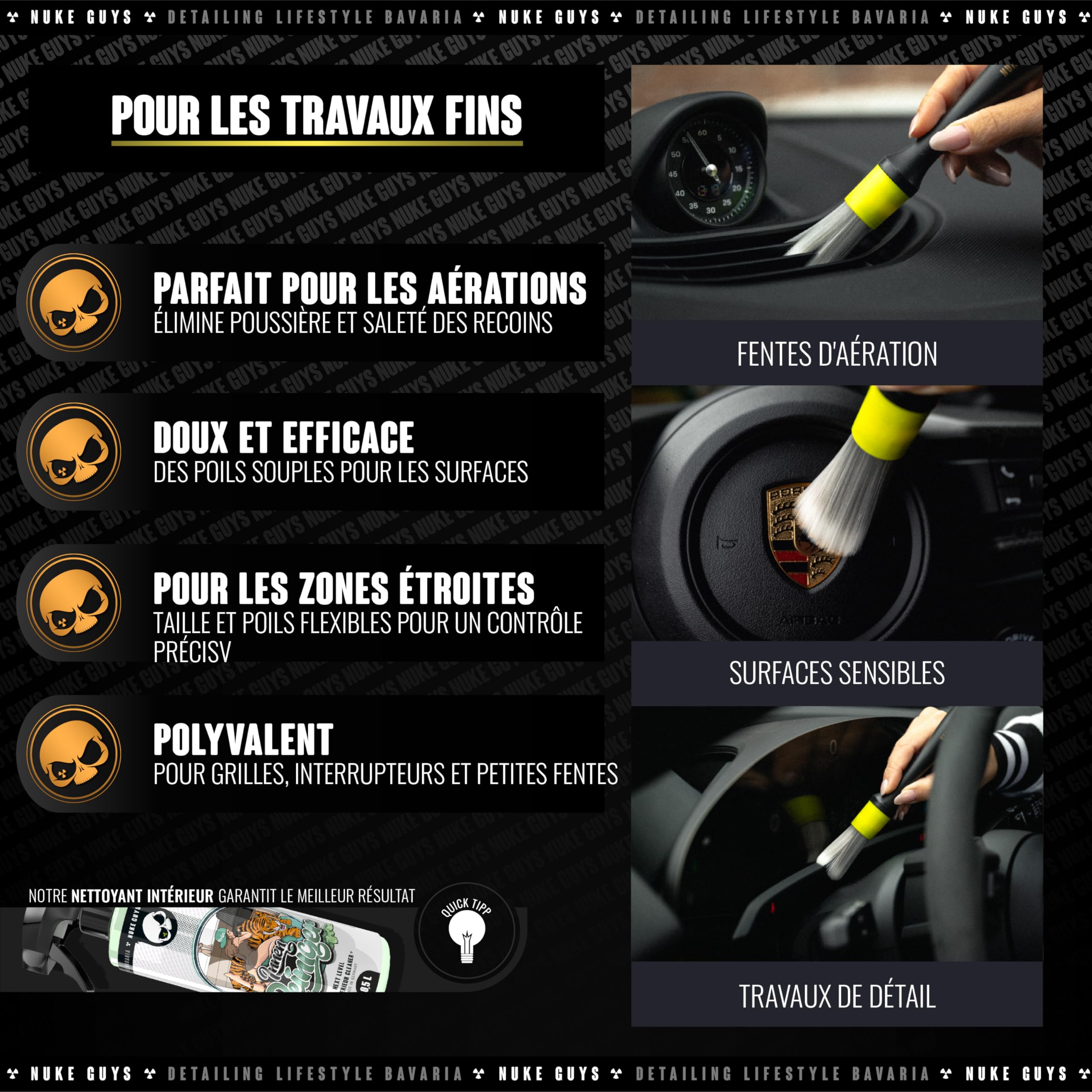 Nuke Guys Kit de nettoyage pour l'intérieur de voiture | Nettoyant pour intérieur 500 ml + gant de nettoyage + 3 brosses de nettoyage + tampon de gommage | Ensemble d'entretien pour l'intérieur de