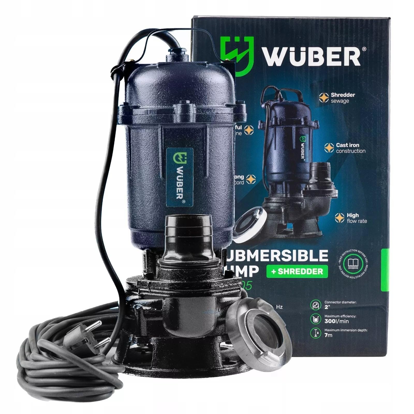 Bomba vacía sótano séptico con molino de agua + manguito 2" 30M WUBER 2500W 18000L/H