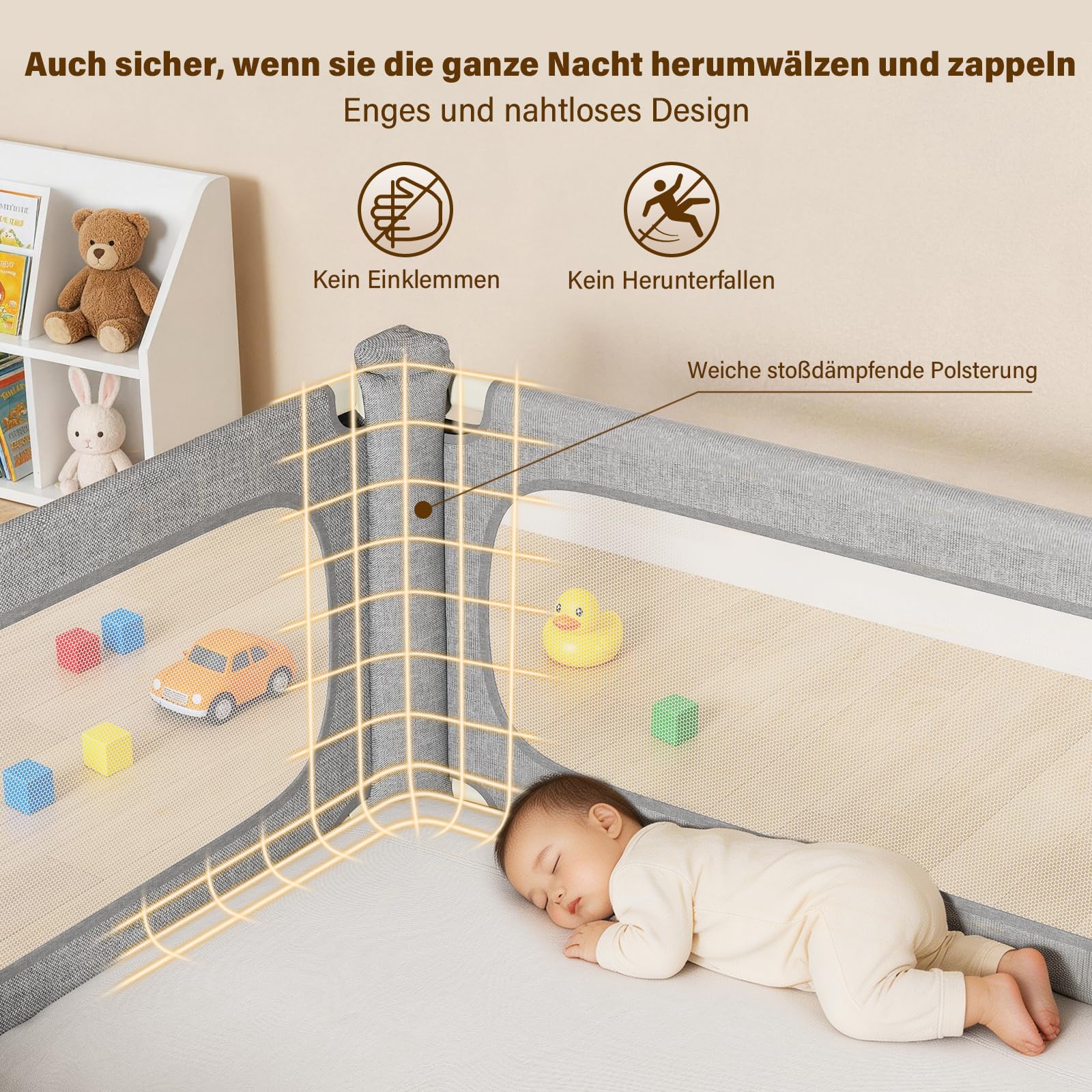 Bettgitter Rausfallschutz 3-seitig 180x200cm mit Spaltfüllstäbe | U-förmige Stabilstangen, Höhenverstellbar 66–96cm, Einklemmschutz, Werkzeuglose Montage, Mit Bettkopfstab für Boxspringbetten