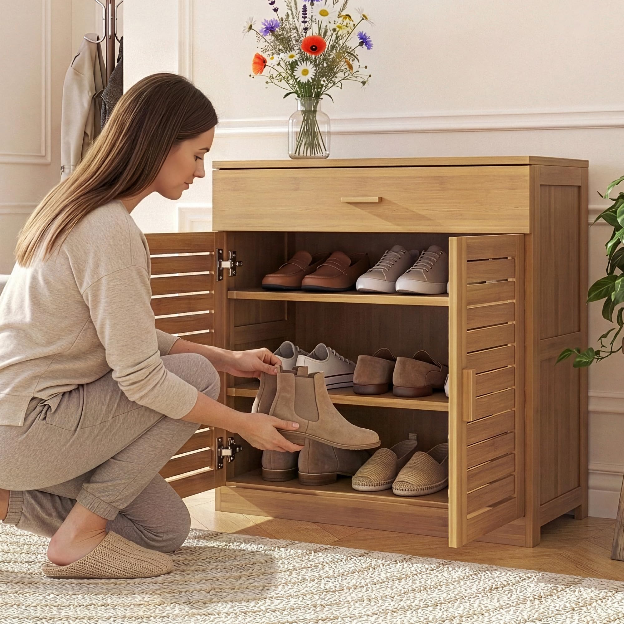 [en.casa] Scarpiera a 2 Ante con Cassetto Mobile Contenitore con 3 Ripiani Armadietto Portascarpe in Bambù Naturale per Ingresso Corridoio Bagno 67 x 66 x 34 cm