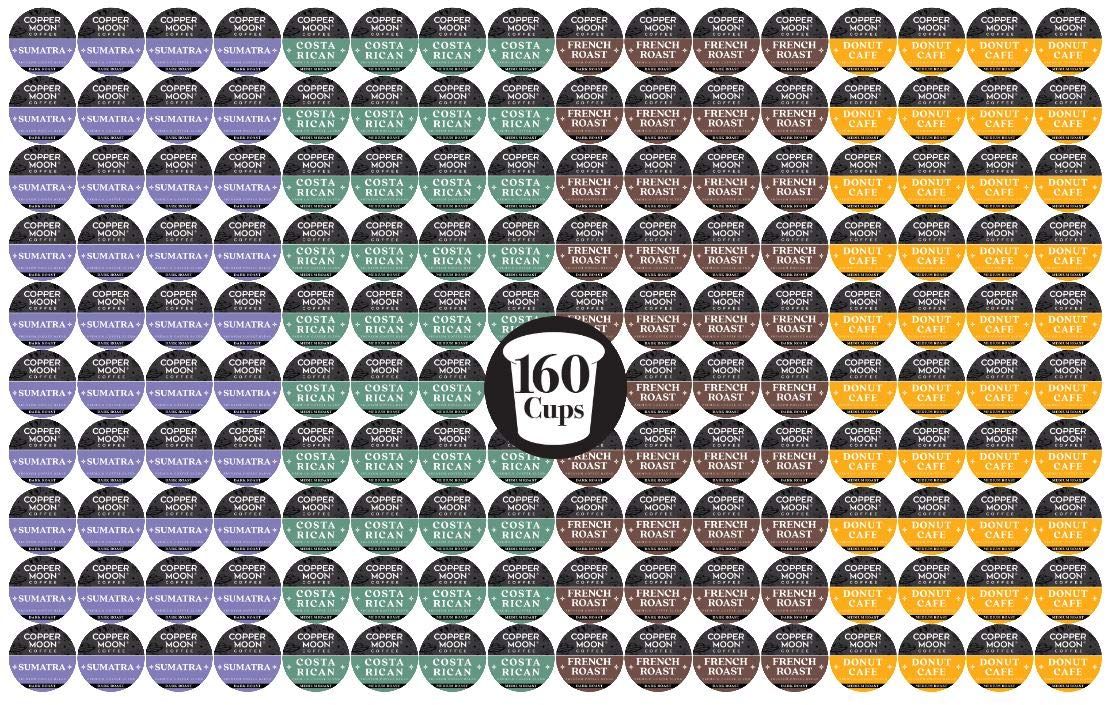 Copper Moon Coffee Single Serve Pods for Keurig K-Cup Brewers Variety Pack Coffee Lovers 160 Count (40 ea: Sumatra, Costa Rican, French Roast, Donut Cafe)