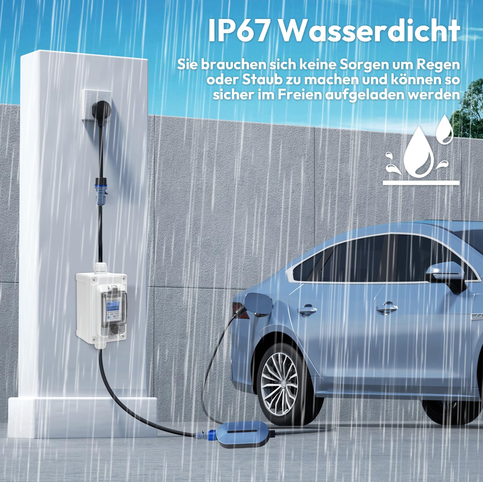 GJCrafts Mobiele digitale stroommeter 230 V, 60 A, mobiele meter, CEE buiten, KWH-teller met IP67 waterdicht, industriële stekker, led-stroommeter met reset, rubberen slangkabel, draagbaar