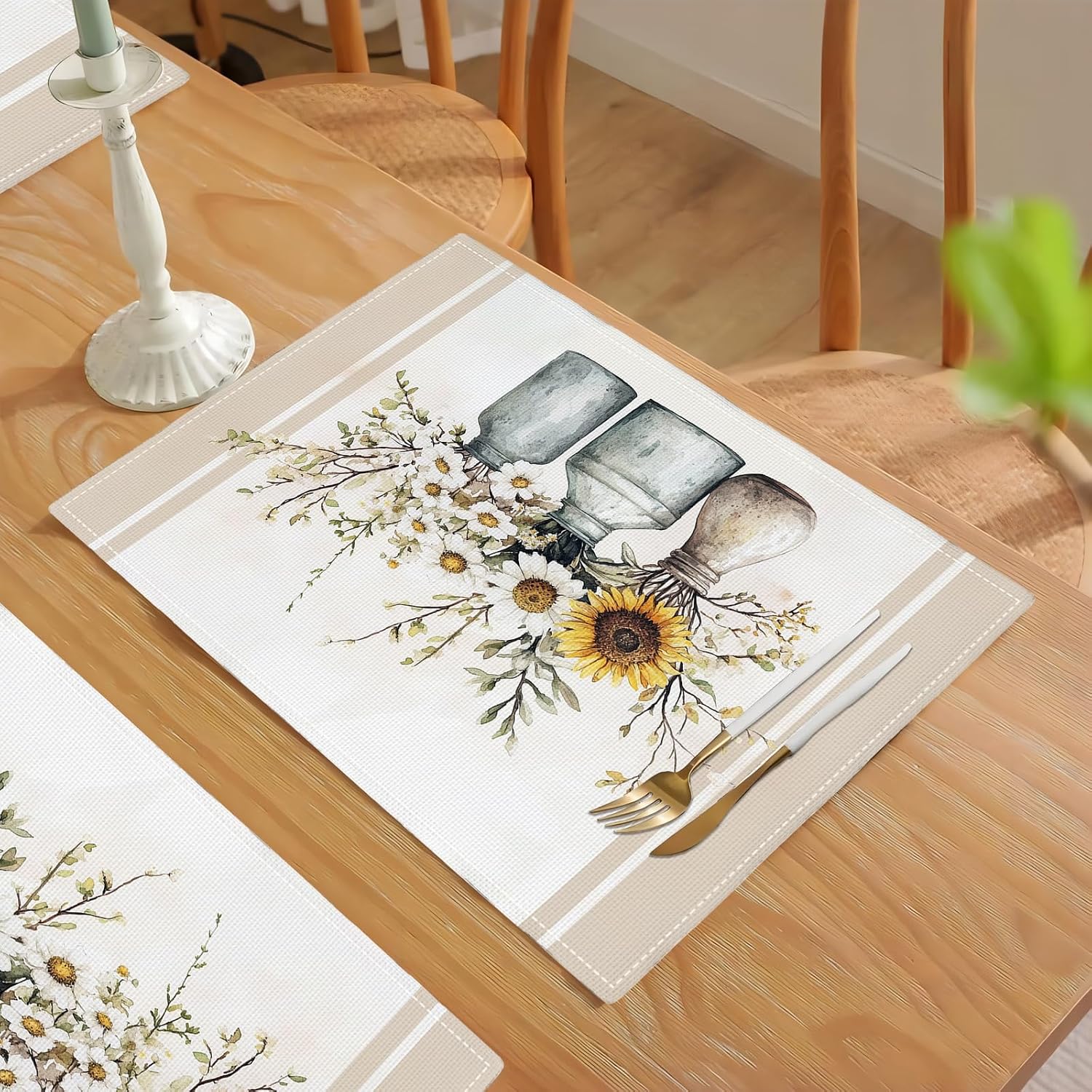 Farmhouse Sunflower Placemats Set of 4, Rustic Daisy Place Mats, Country Dining Table Mats, Washable Spring Placemats for Kitchen Dining Room Home Decor 18L'' × 12W'' image 2