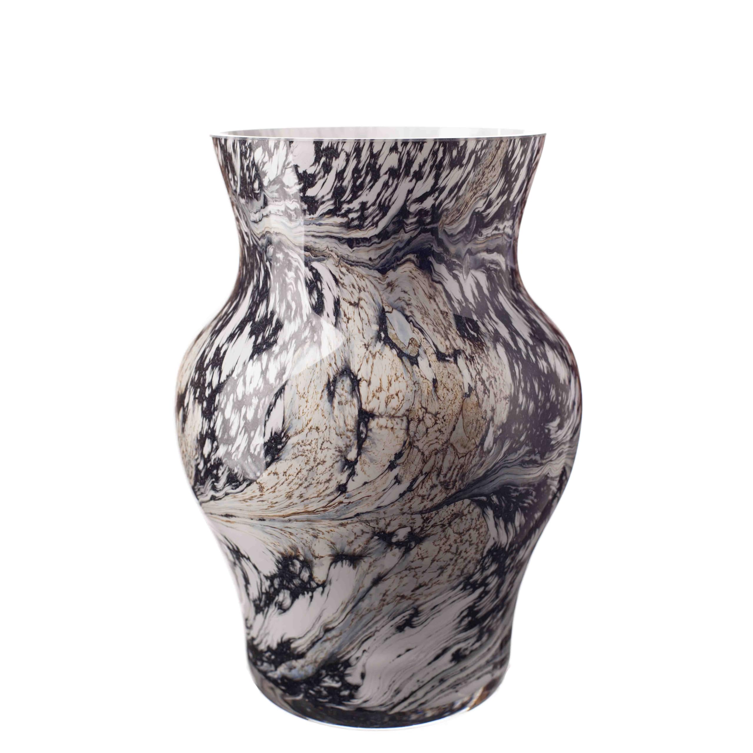 Mouth Blown Glass Urn Shape Vase, Black and Gold Marble Design (Twilight Quarry) 20cm Height, Width 16cm