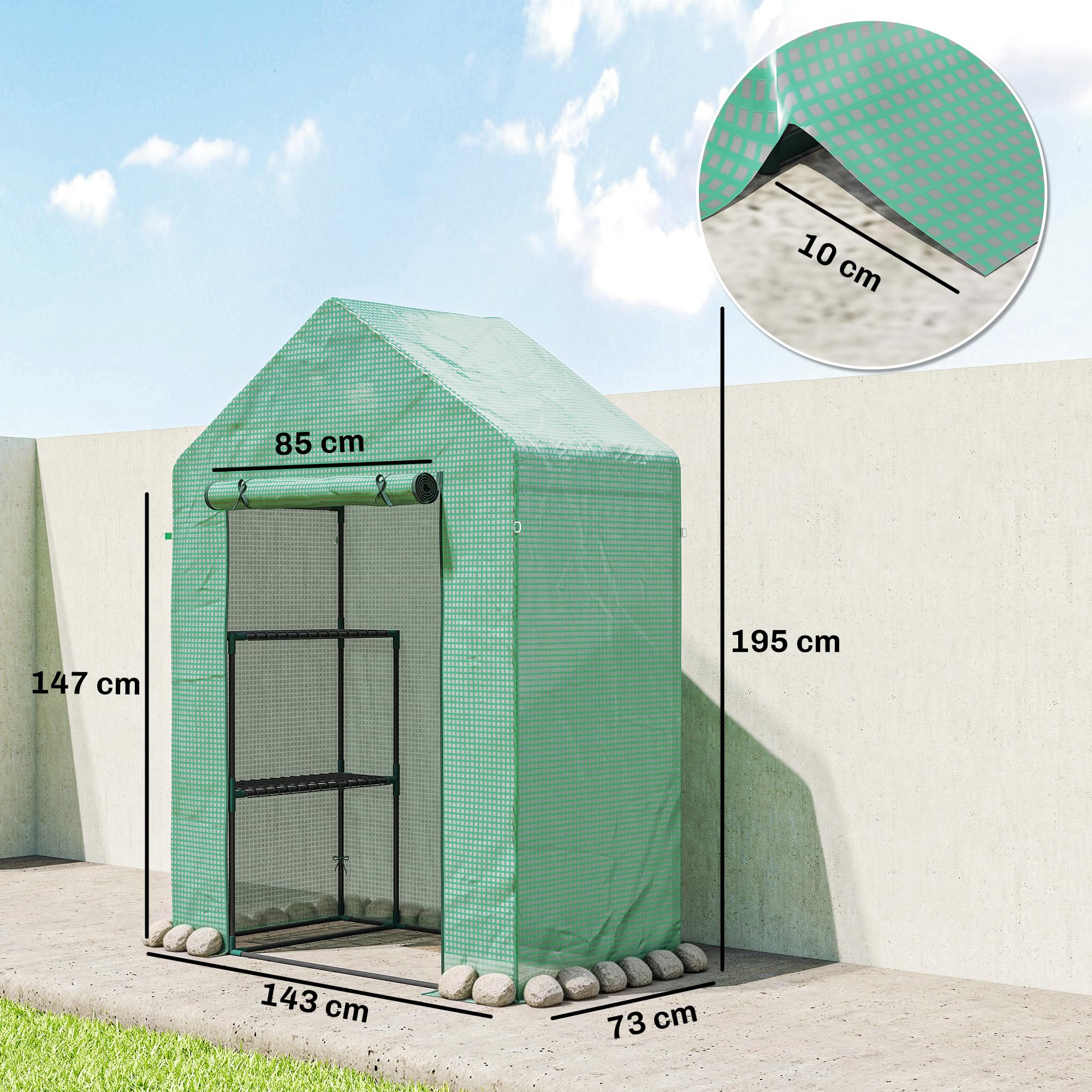Outsunny Serra da Giardino con Porta Avvolgibile e Scaffale a 2 Ripiani, Serra per Orto con Struttura in Acciaio e Copertura PE, per Piante Orto Verdure Fiori Frutta, Anti UV, 143x73x195 cm, Verde