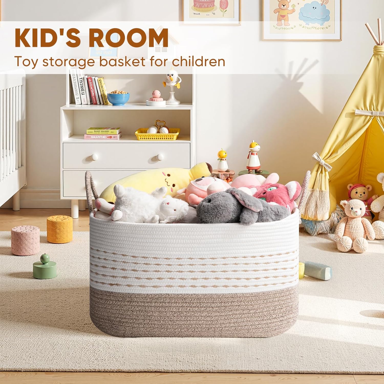 Large Blanket Basket for Living Room, 75L Woven Storage Baskets for Organizing, Rectangle Cotton Rope Toy Basket With Handles-Brown & White - Image 6