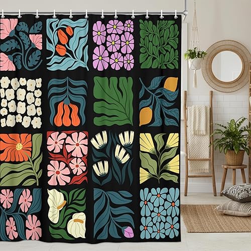 JAWO Cortina de ducha retro, vintage, abstracta, linda, bohemia, floral, para decoración de baño, negro, azul, botánico, geométrico, groovy, juego