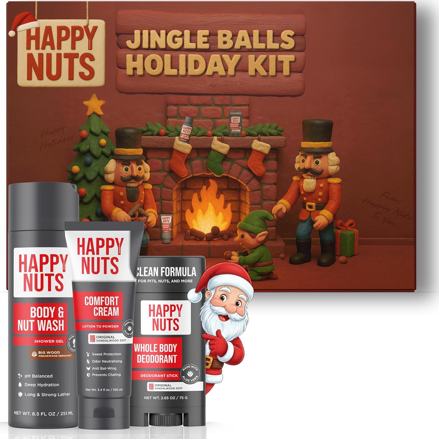 HAPPY NUTS Holiday Essentials Bundle Kit - Gift Box for Men with Comfort Cream, Hydrating Body Wash & Whole Body Deodorant - Mens White Elephant Gift Basket Idea for Him and Stocking Stuffer