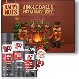 HAPPY NUTS Holiday Essentials Bundle Kit - Gift Box for Men with Comfort Cream, Hydrating Body Wash & Whole Body Deodorant - Mens White Elephant Gift Basket Idea for Him and Stocking Stuffer