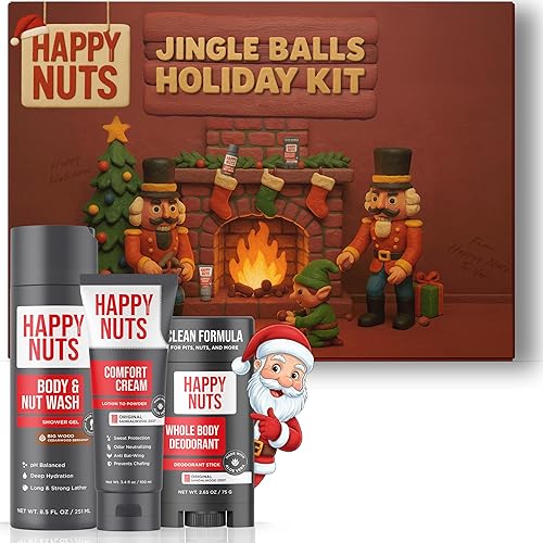 HAPPY NUTS Holiday Essentials Bundle Kit - Gift Box for Men with Comfort Cream, Hydrating Body Wash & Whole Body Deodorant - Mens White Elephant Gift Basket Idea for Him and Stocking Stuffer