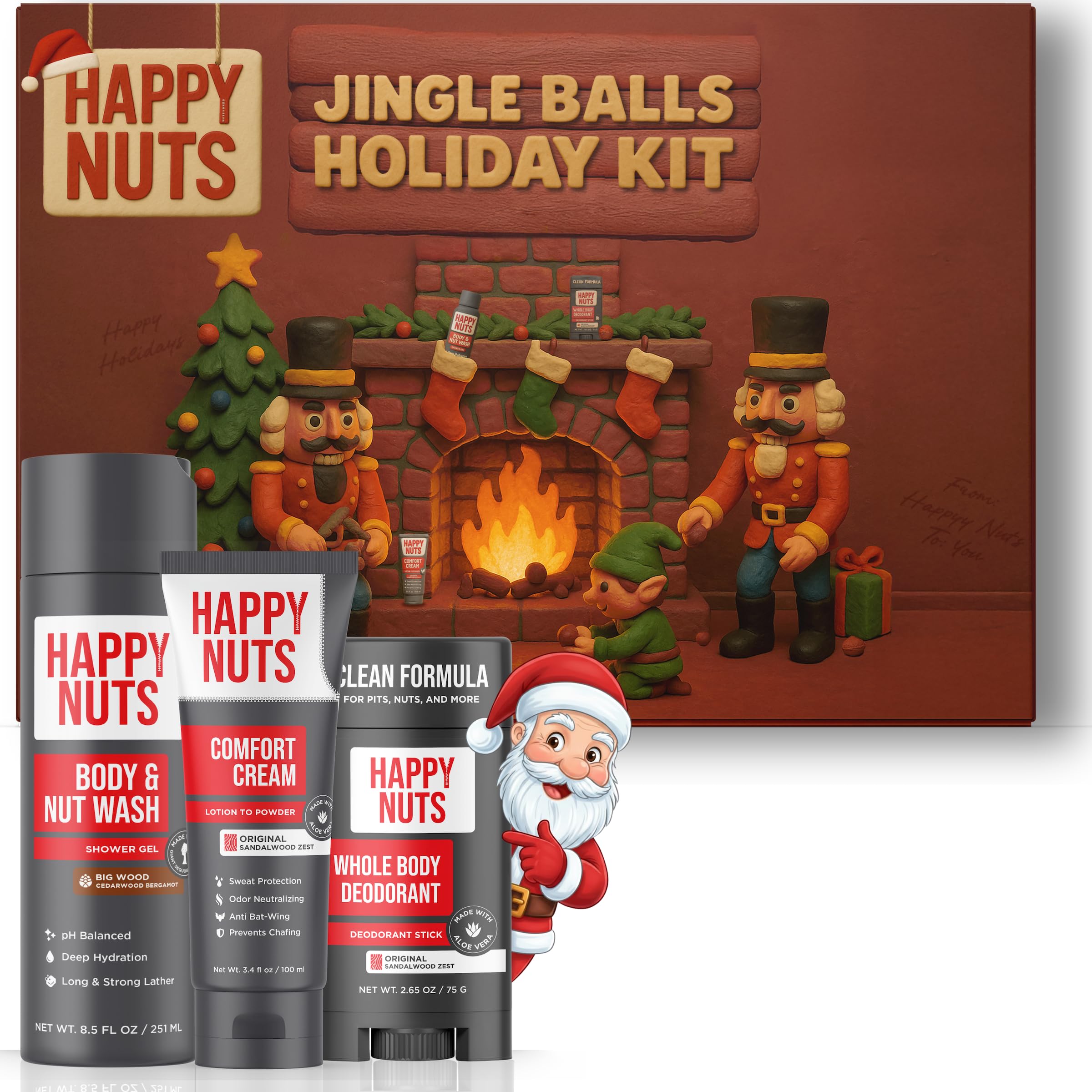 HAPPY NUTS Holiday Essentials Bundle Kit - Gift Box for Men with Comfort Cream, Hydrating Body Wash & Whole Body Deodorant - Mens White Elephant Gift Basket Idea for Him and Stocking Stuffer